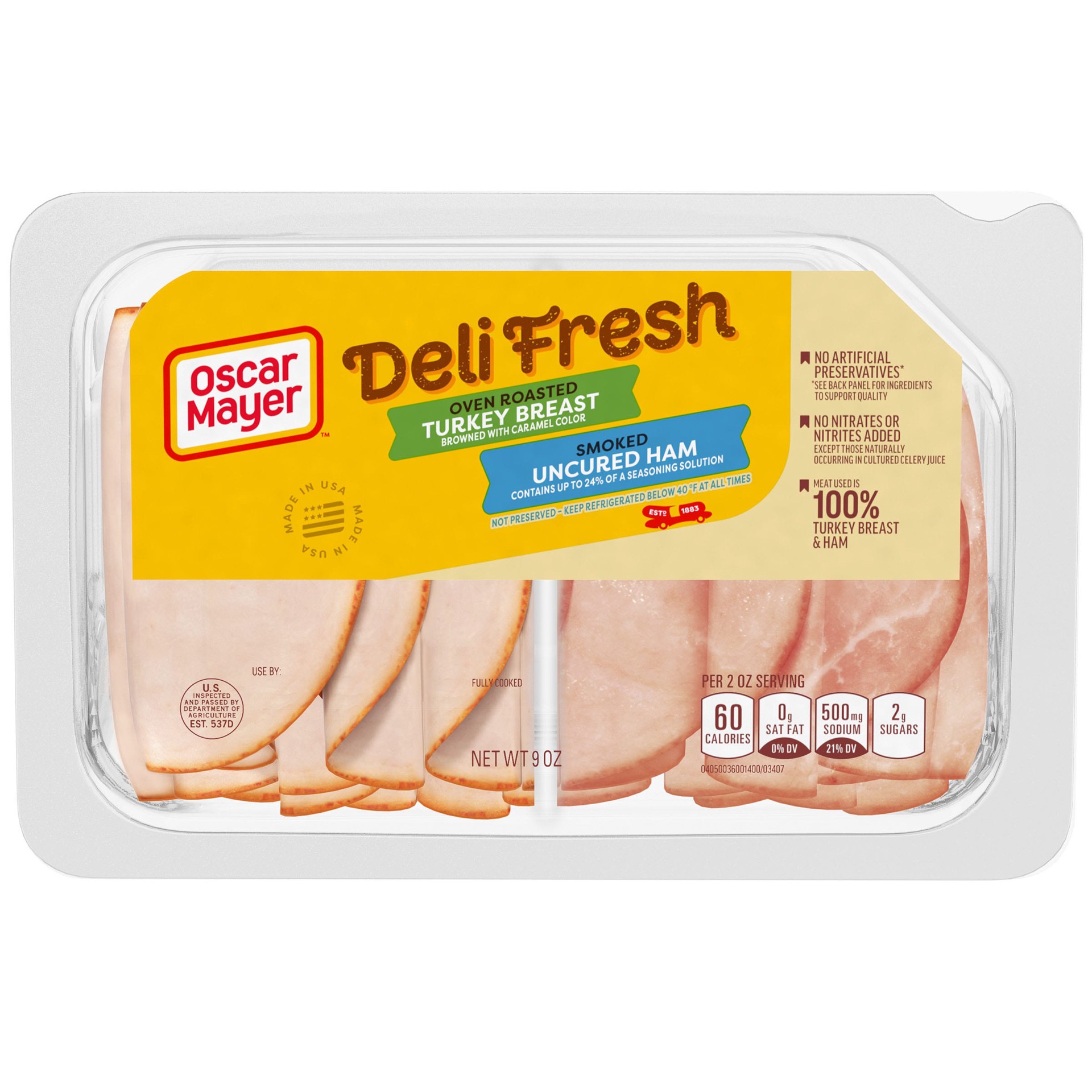 slide 1 of 5, Oscar Mayer Deli Fresh Oven Roasted Turkey Breast & Smoked Uncured Ham Sliced Lunch Meat Variety Pack, 9 oz. Tray, 9 oz