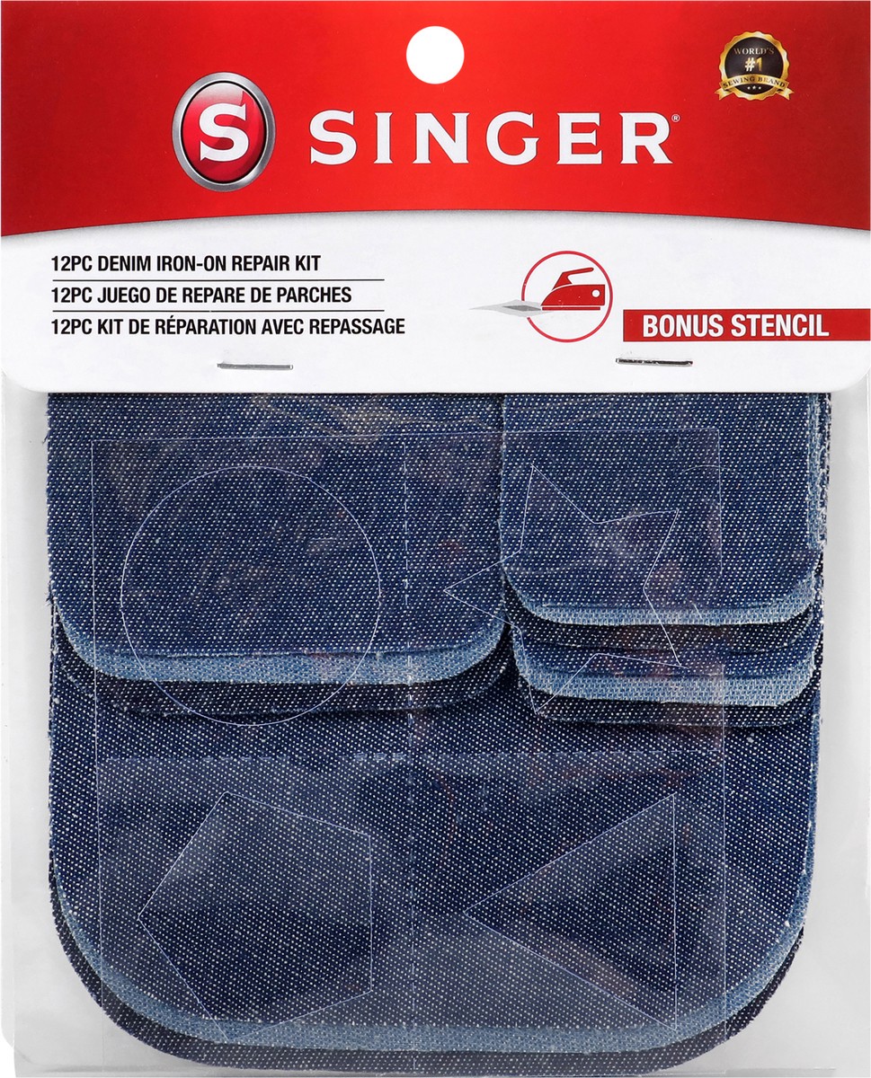 slide 2 of 6, SINGER Fabric Iron-On Denim Patches with Stencil, Assorted Sizes, 1 ct