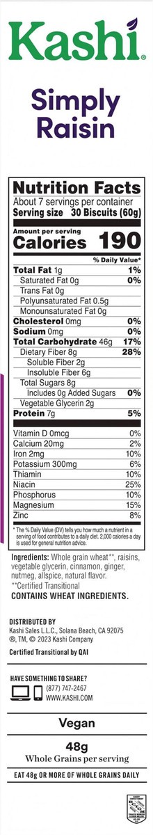 slide 2 of 14, Kashi Cold Breakfast Cereal, Vegan, Fiber Cereal, Simply Raisin, 15.6oz Box, 1 Box, 15.6 oz