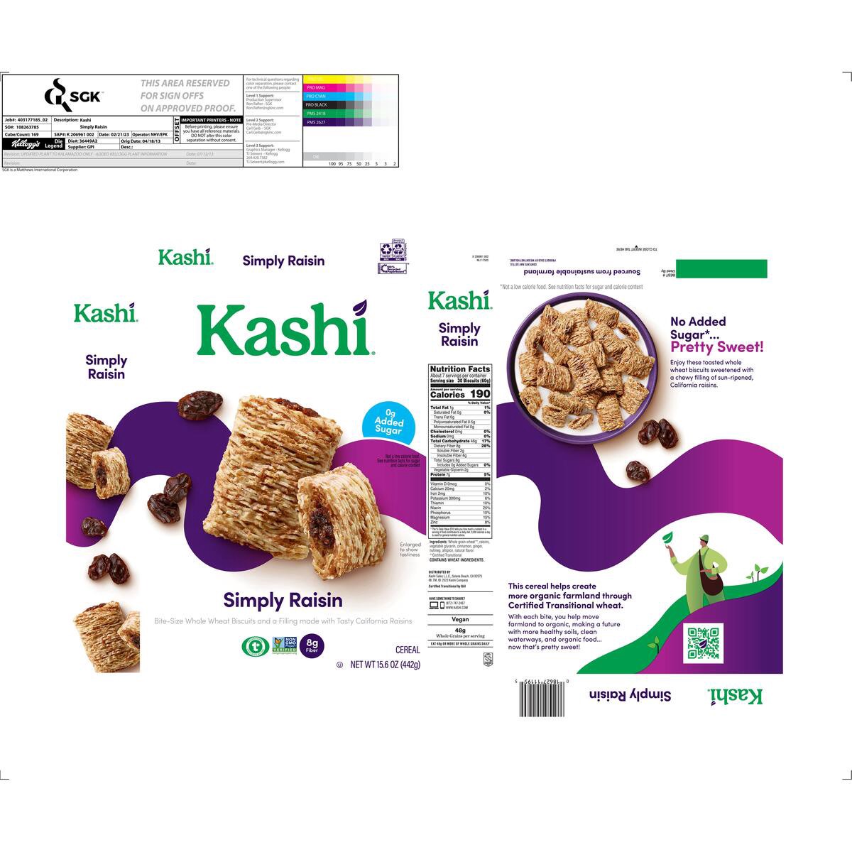 slide 13 of 14, Kashi Cold Breakfast Cereal, Vegan, Fiber Cereal, Simply Raisin, 15.6oz Box, 1 Box, 15.6 oz