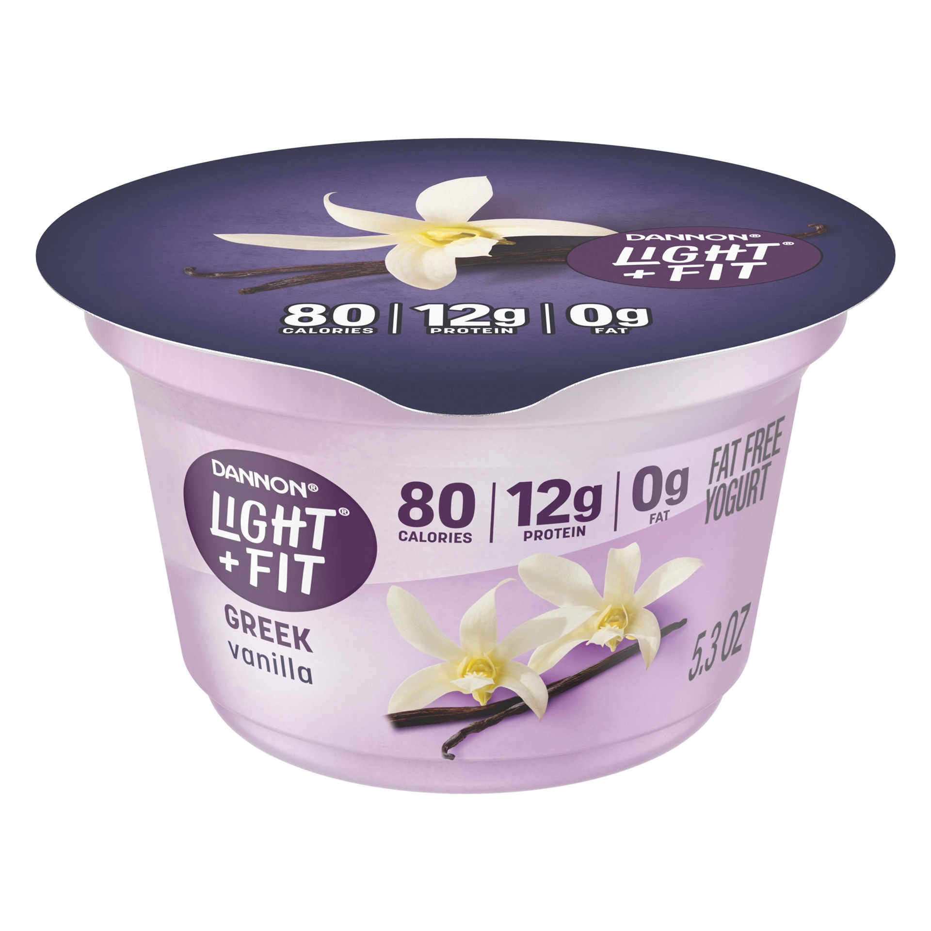 slide 1 of 5, Light + Fit Dannon Light + Fit Vanilla Greek Fat Free Yogurt, Creamy and Delicious Gluten Free Yogurt, 5.3 OZ Yogurt Cup, 5.3 oz