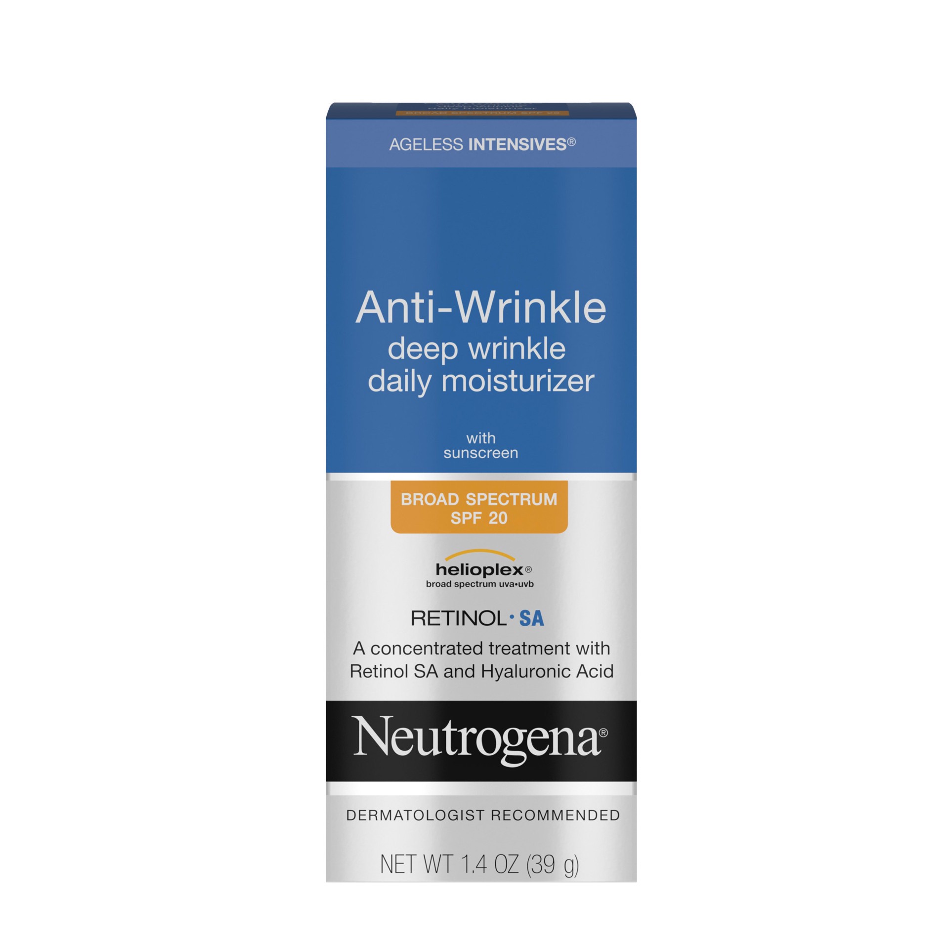 slide 1 of 9, Neutrogena Ageless Intensives Anti-Wrinkle Retinol Face Cream, Daily Anti-Wrinkle Moisturizer with SPF 20 Sunscreen, Retinol SA and Hyaluronic Acid, Fragrance Free, 1.4 oz, 1.4 oz