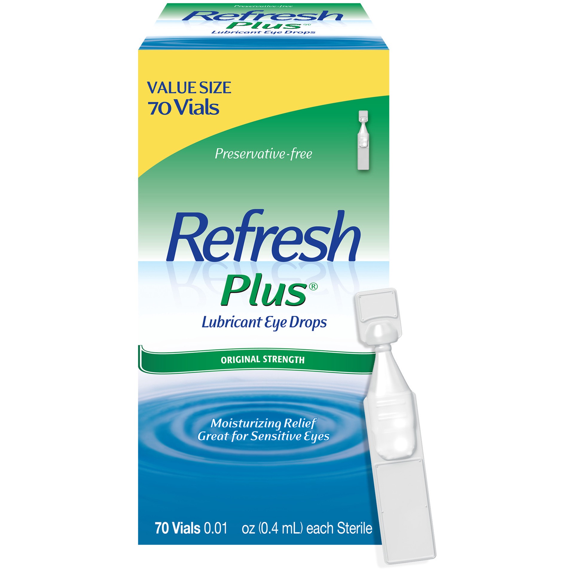 slide 1 of 13, Refresh Plus Lubricant Eye Drops Preservative-Free Tears, 0.01 fl oz (0.4 mL), 70 Single-Use Containers, 0.40 mL