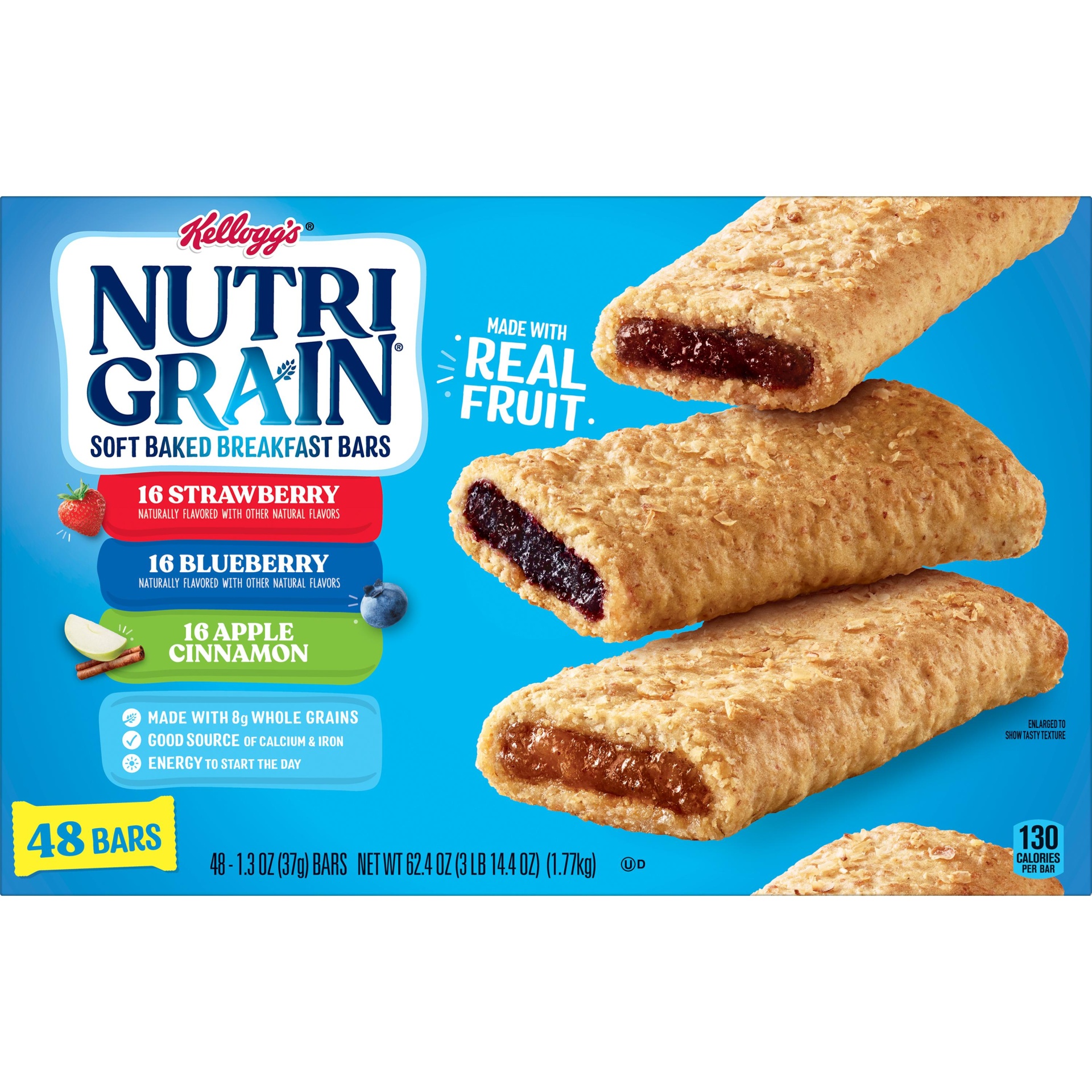 slide 2 of 6, Kellogg's Nutri-Grain Soft Baked Breakfast Bars, Made with Whole Grains, Kids Snacks, Variety Pack, 62.4 oz