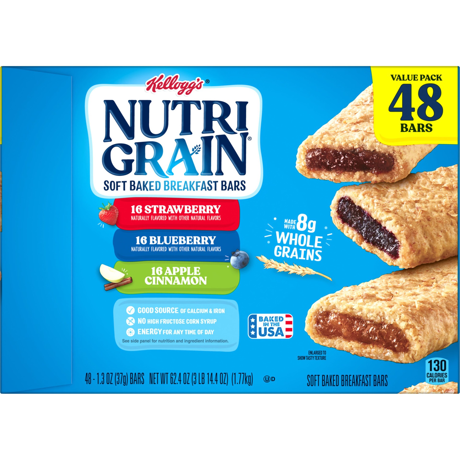 slide 4 of 5, Nutri-Grain Soft Baked Breakfast Bars, Made with Whole Grains, Kids Snacks, Variety Pack, 62.4oz Box, 48 Bars, 62.4 oz