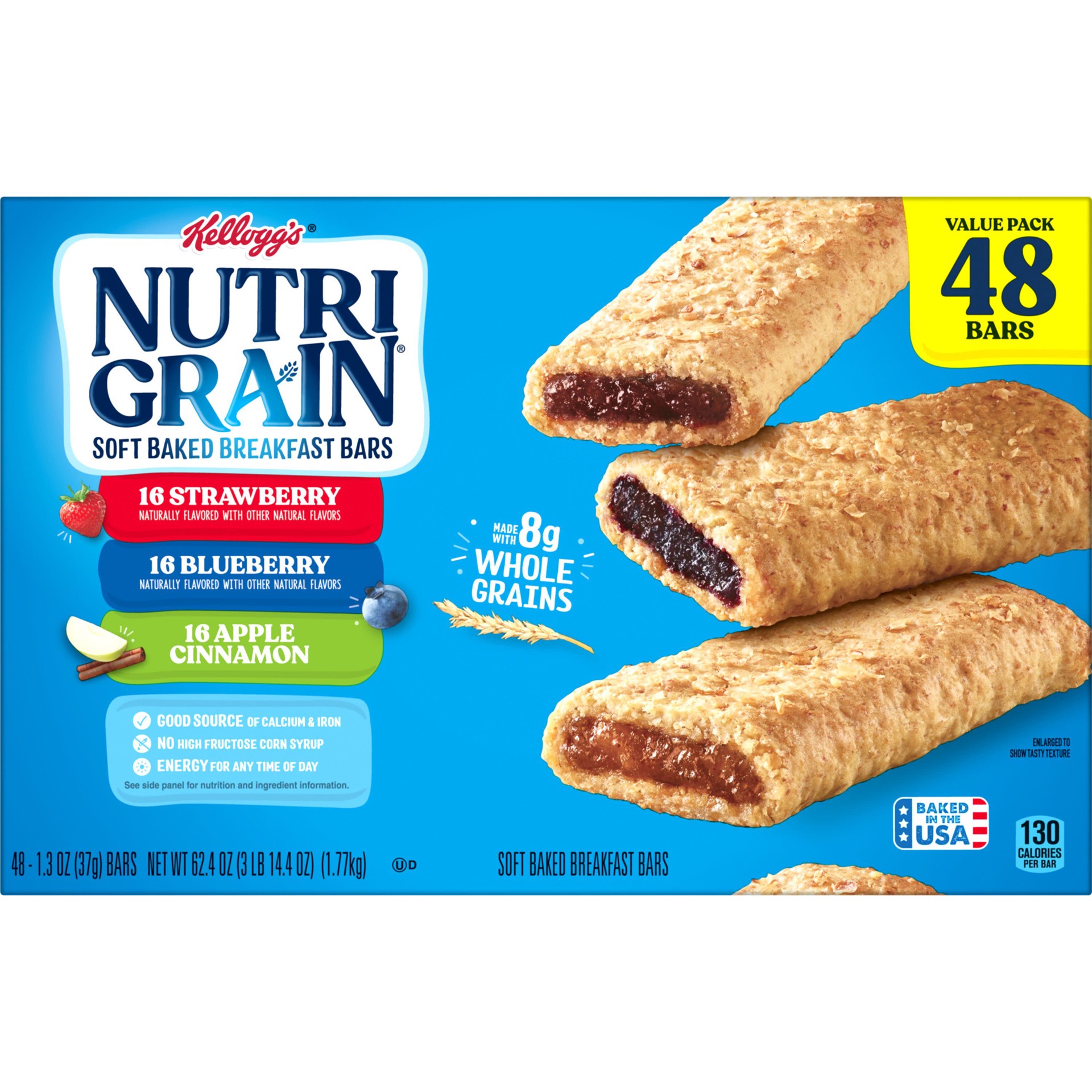 slide 3 of 5, Nutri-Grain Soft Baked Breakfast Bars, Made with Whole Grains, Kids Snacks, Variety Pack, 62.4oz Box, 48 Bars, 62.4 oz