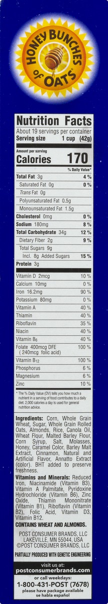 slide 4 of 9, Post Honey Bunches of Oats with Almonds Breakfast Cereal, 28 OZ Box, 28 oz