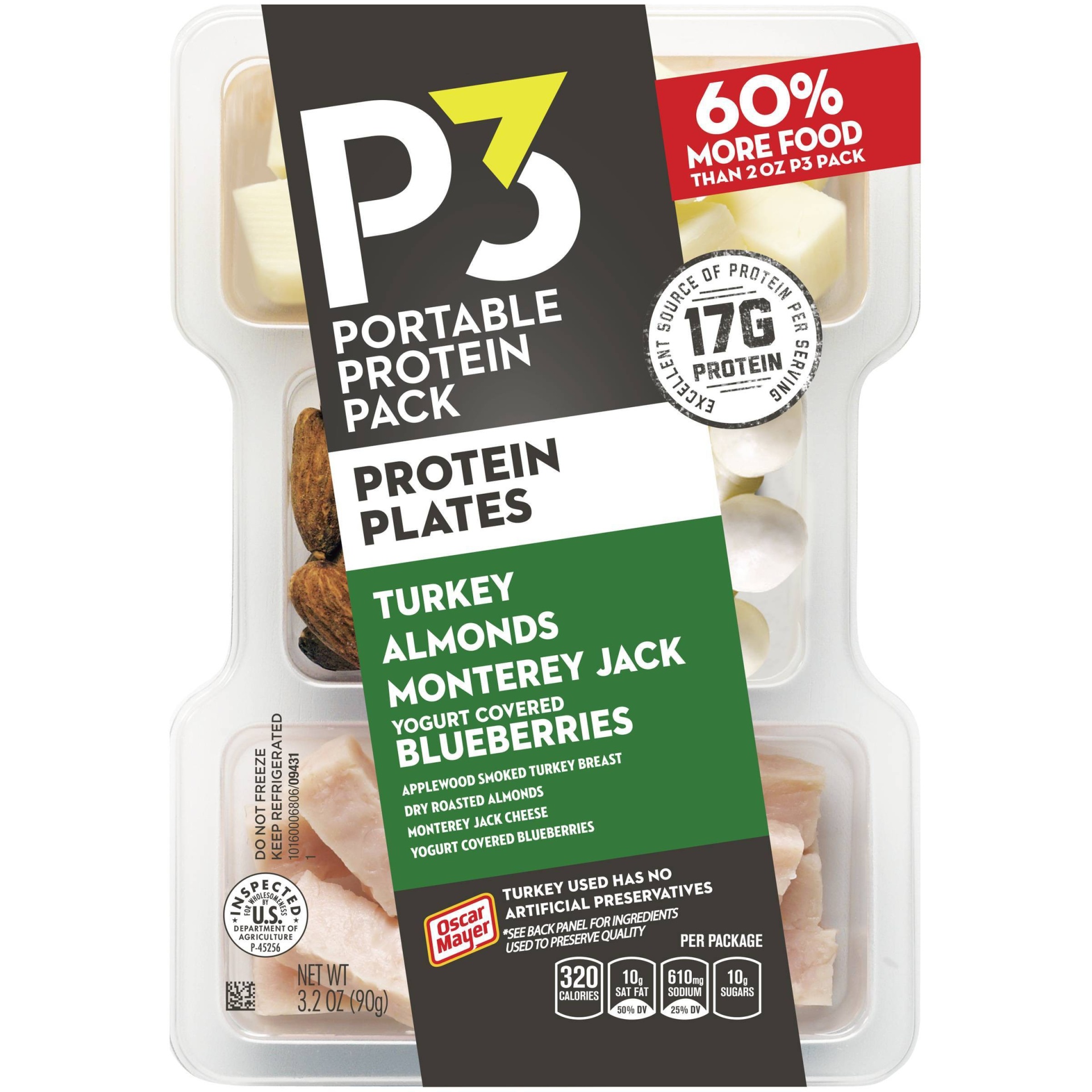 slide 1 of 6, P3 Portable Protein Snack Pack & Protein Plate with Turkey, Almonds, Jack Cheese & Yogurt Covered Blueberries Tray, 3.2 oz