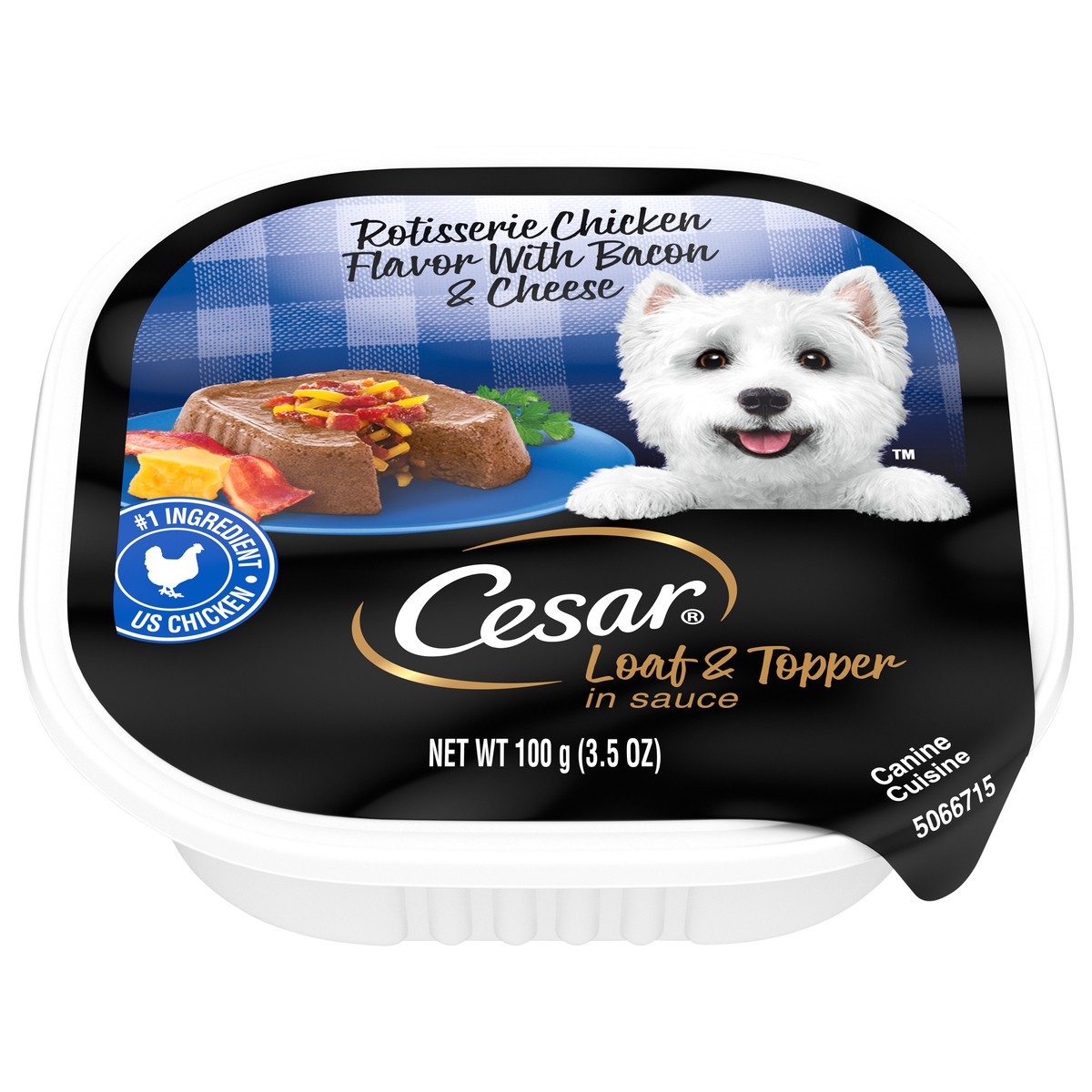 slide 1 of 9, Cesar Loaf & Topper in Sauce Rotisserie Chicken Flavor with Bacon & Cheese Canine Cuisine 3.5 oz, 3.5 oz