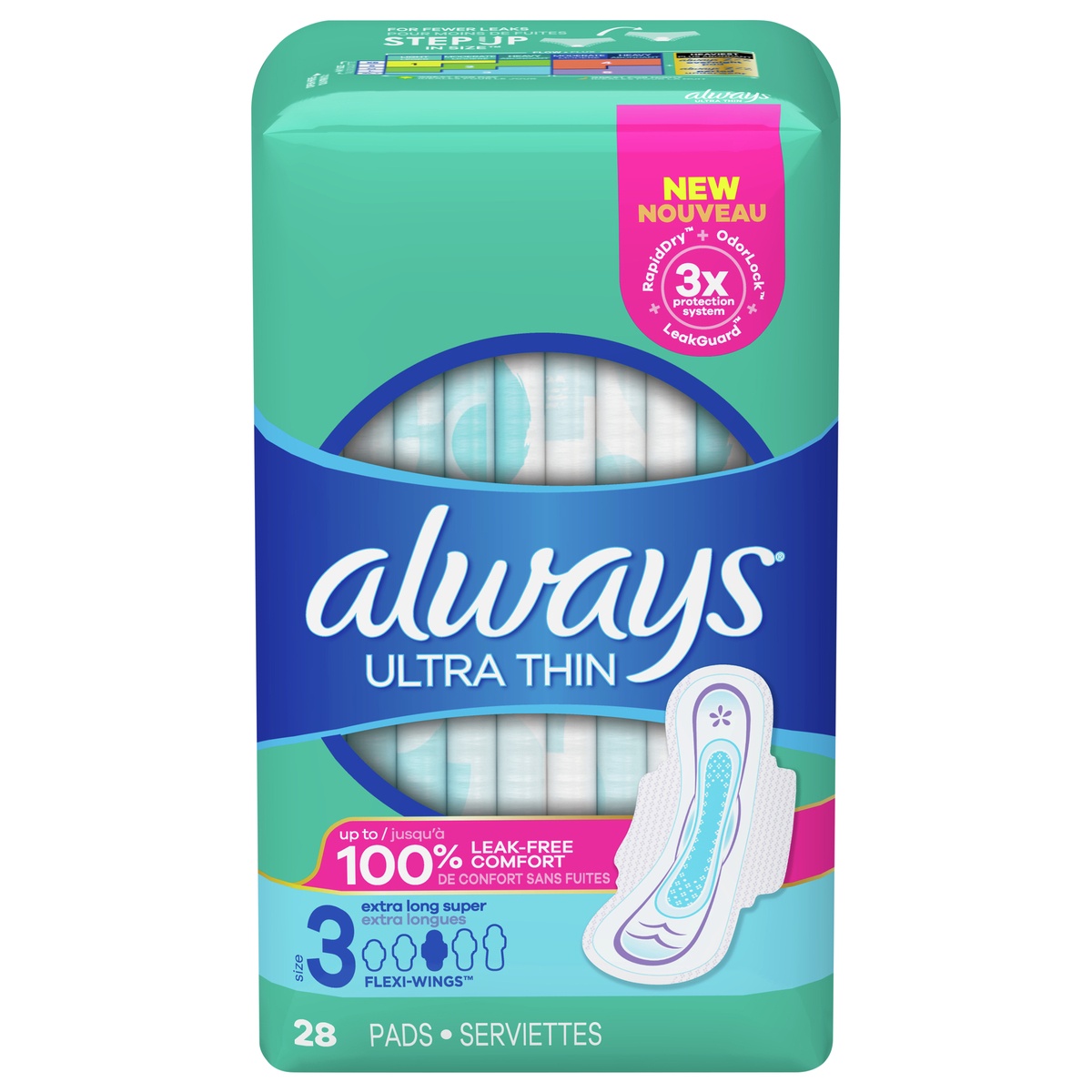 slide 1 of 3, Always Ultra Thin Size 3 Extra Long Super Pads With Wings Unscented, 28 ct