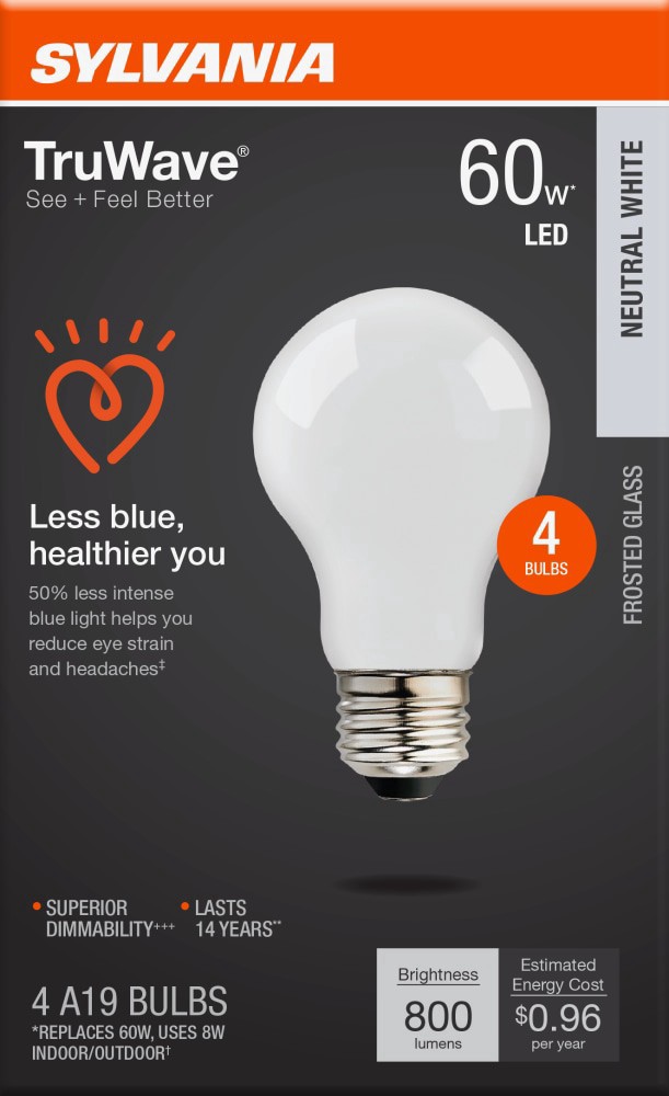 slide 1 of 1, Sylvania Truwave A19 60W Bright White, 4 ct