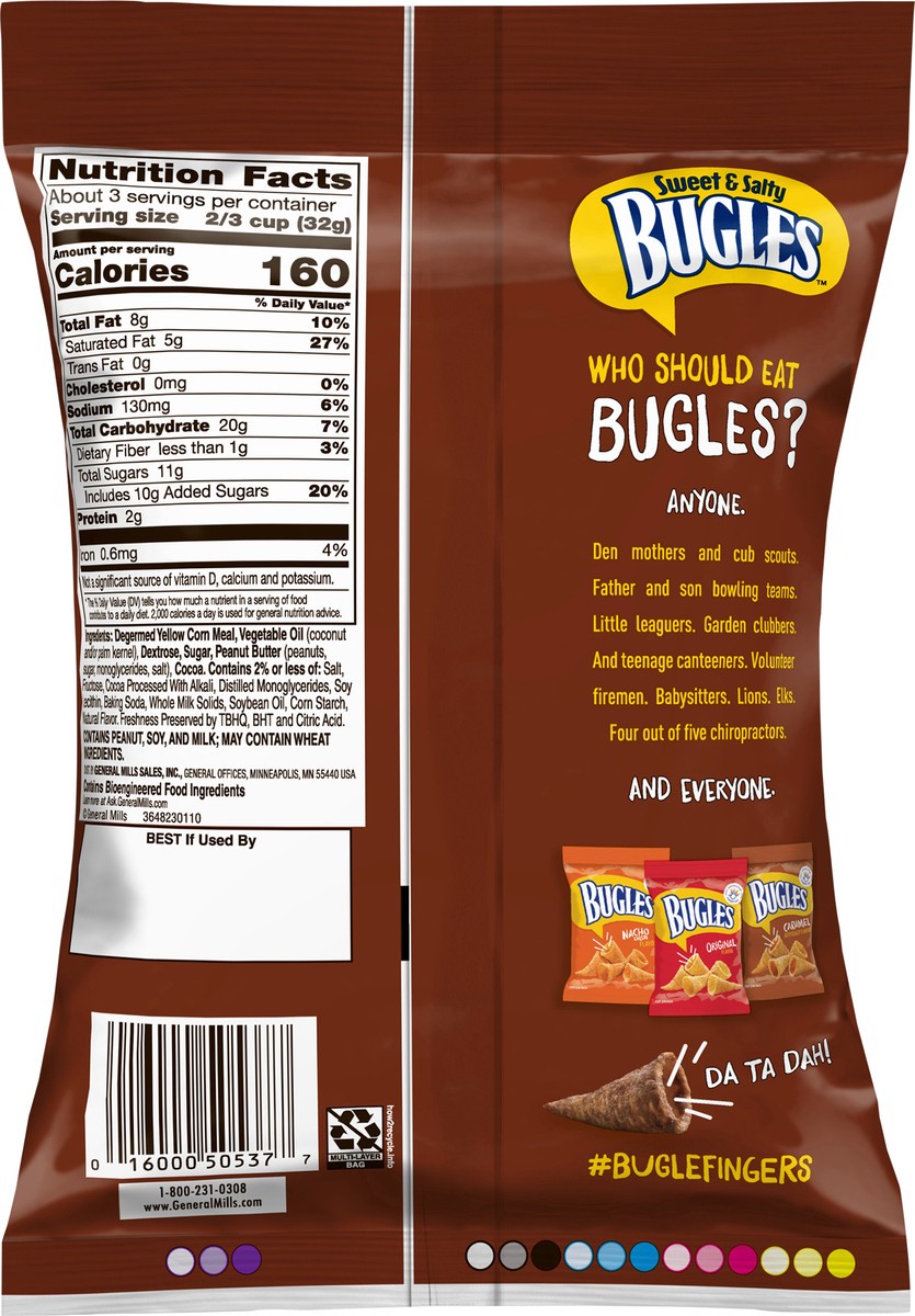 slide 2 of 13, Bugles Sweet & Salty Chocolate Peanut Butter Crispy Corn Snacks, 3.25 oz, 3.25 oz