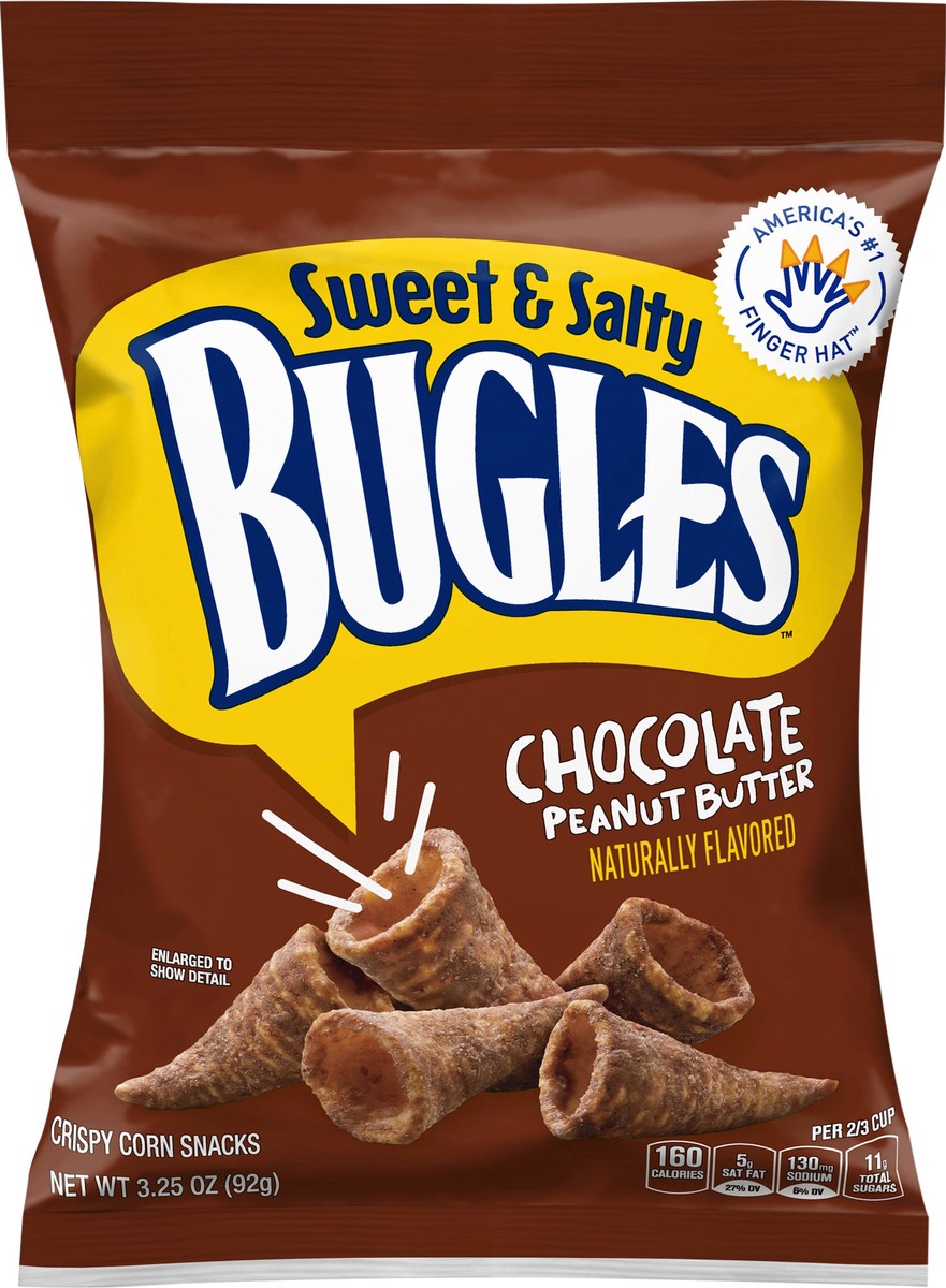 slide 5 of 13, Bugles Sweet & Salty Chocolate Peanut Butter Crispy Corn Snacks, 3.25 oz, 3.25 oz