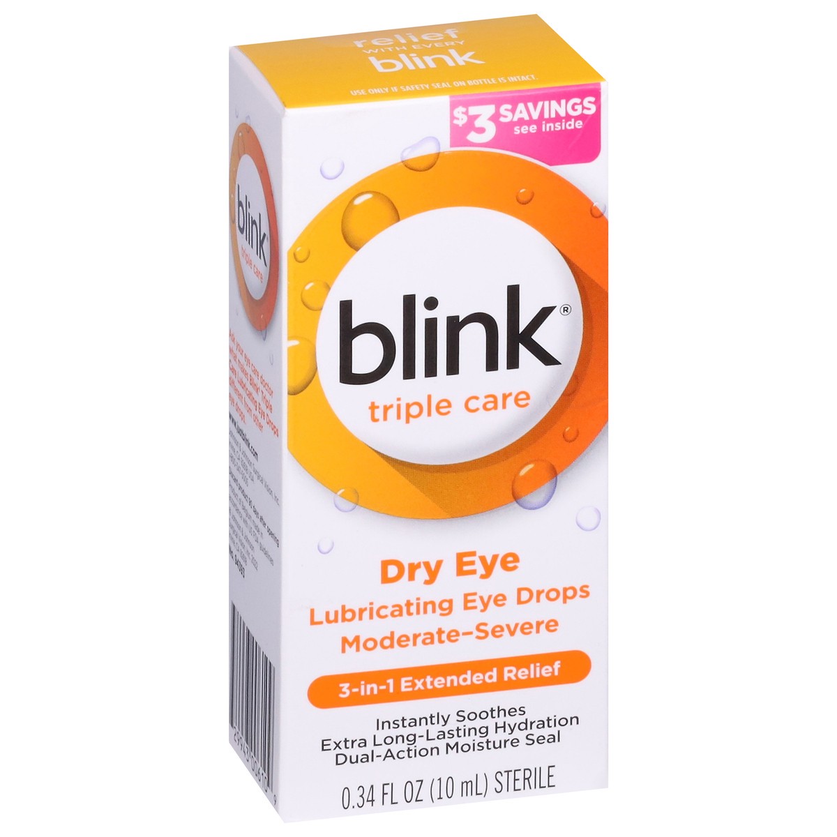 slide 3 of 9, Blink Eye Drops for Dry Eyes, Triple Care Lubricant Eye Drops, Instantly Soothing, Moisturizing & Extra Long-Lasting Hydrating Eye Care for Moderate to Severe Dry Eye Symptom Relief, 0.34 fl oz, 10 ml