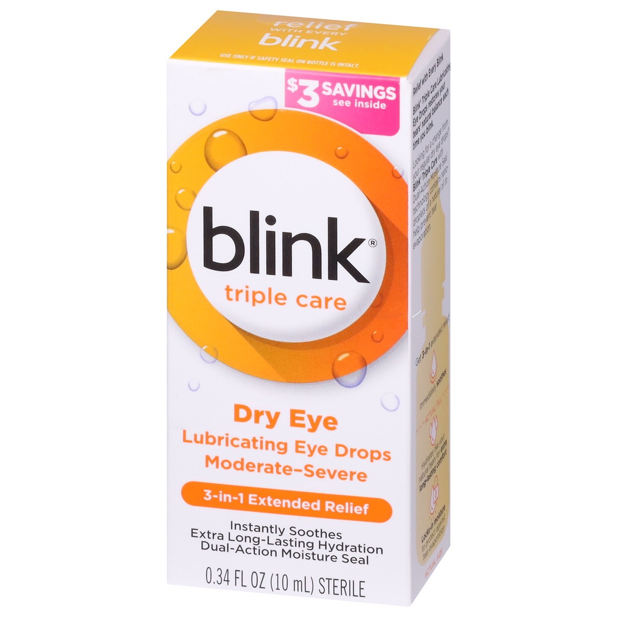 slide 9 of 9, Blink Eye Drops for Dry Eyes, Triple Care Lubricant Eye Drops, Instantly Soothing, Moisturizing & Extra Long-Lasting Hydrating Eye Care for Moderate to Severe Dry Eye Symptom Relief, 0.34 fl oz, 10 ml