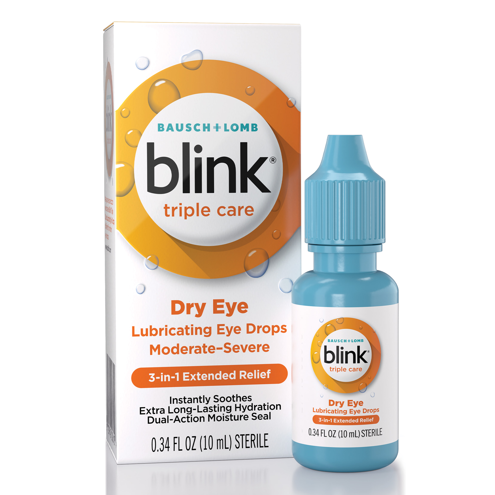 slide 1 of 9, Blink Eye Drops for Dry Eyes, Triple Care Lubricant Eye Drops, Instantly Soothing, Moisturizing & Extra Long-Lasting Hydrating Eye Care for Moderate to Severe Dry Eye Symptom Relief, 0.34 fl oz, 10 ml