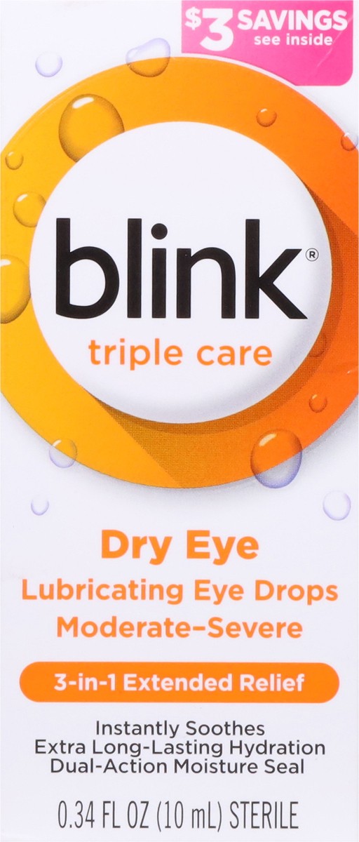 slide 6 of 9, Blink Eye Drops for Dry Eyes, Triple Care Lubricant Eye Drops, Instantly Soothing, Moisturizing & Extra Long-Lasting Hydrating Eye Care for Moderate to Severe Dry Eye Symptom Relief, 0.34 fl oz, 10 ml