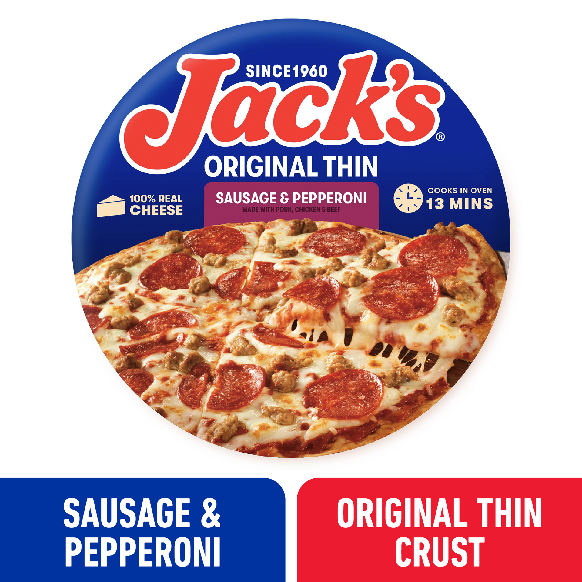 slide 1 of 4, Jack's Jack''s Frozen Pizza, Original Thin Crust Sausage and Pepperoni Pizza, 12in, 15oz (Frozen), 16.1 oz