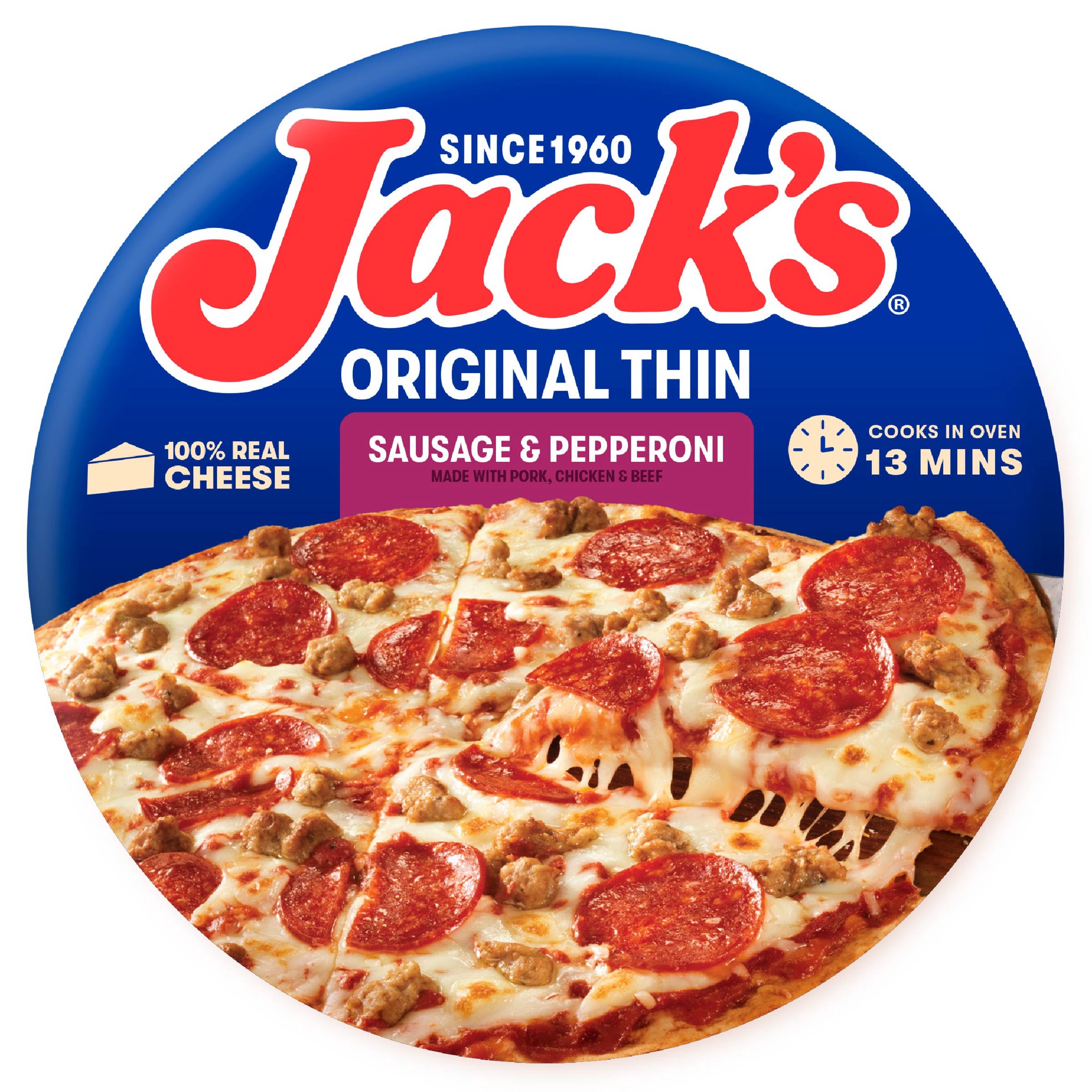 slide 1 of 4, Jack's Jack''s Frozen Pizza, Original Thin Crust Sausage and Pepperoni Pizza, 12in, 15oz (Frozen), 16.1 oz