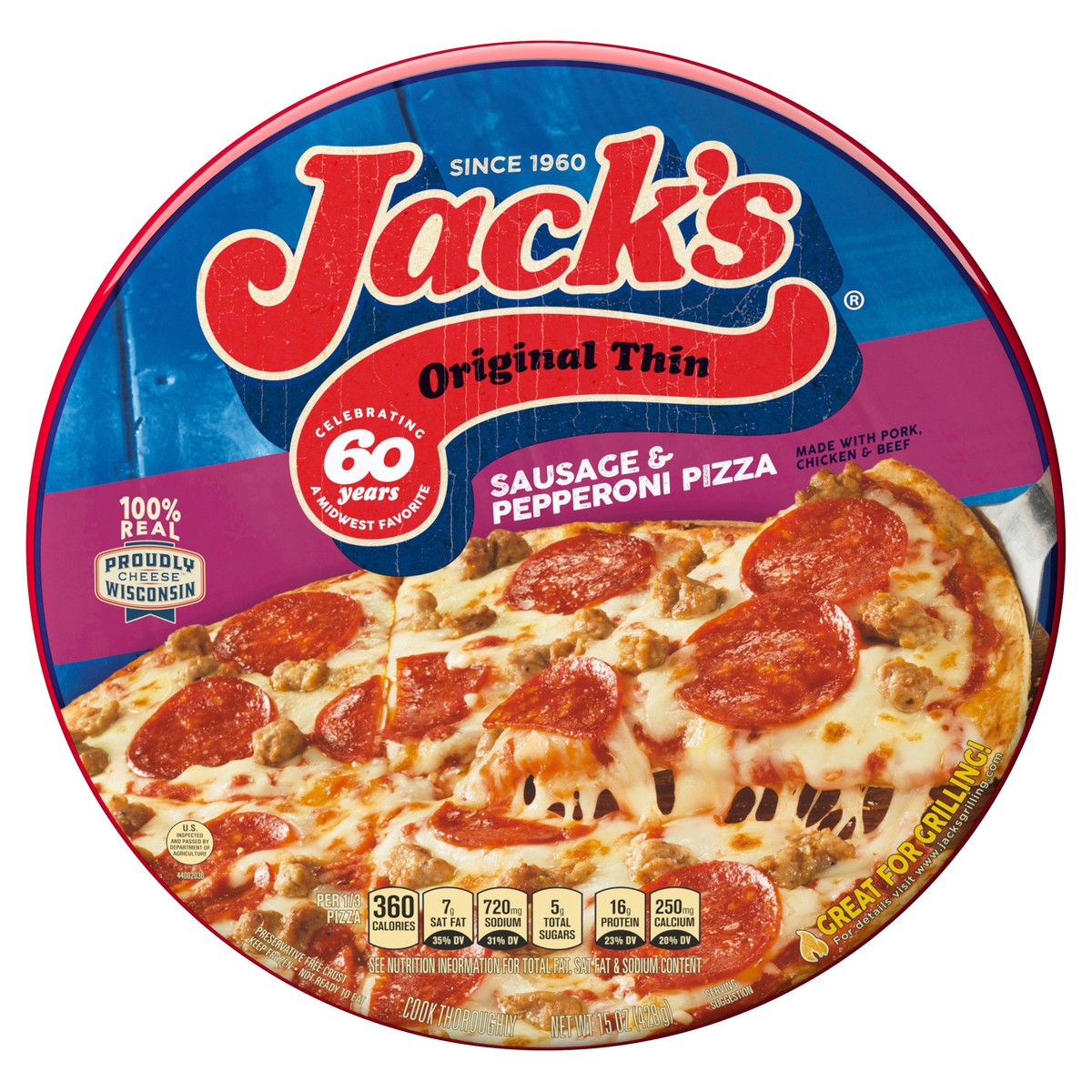 slide 1 of 4, Jack's Original Thin Crust Sausage and Pepperoni Frozen Pizza, 16.1 oz