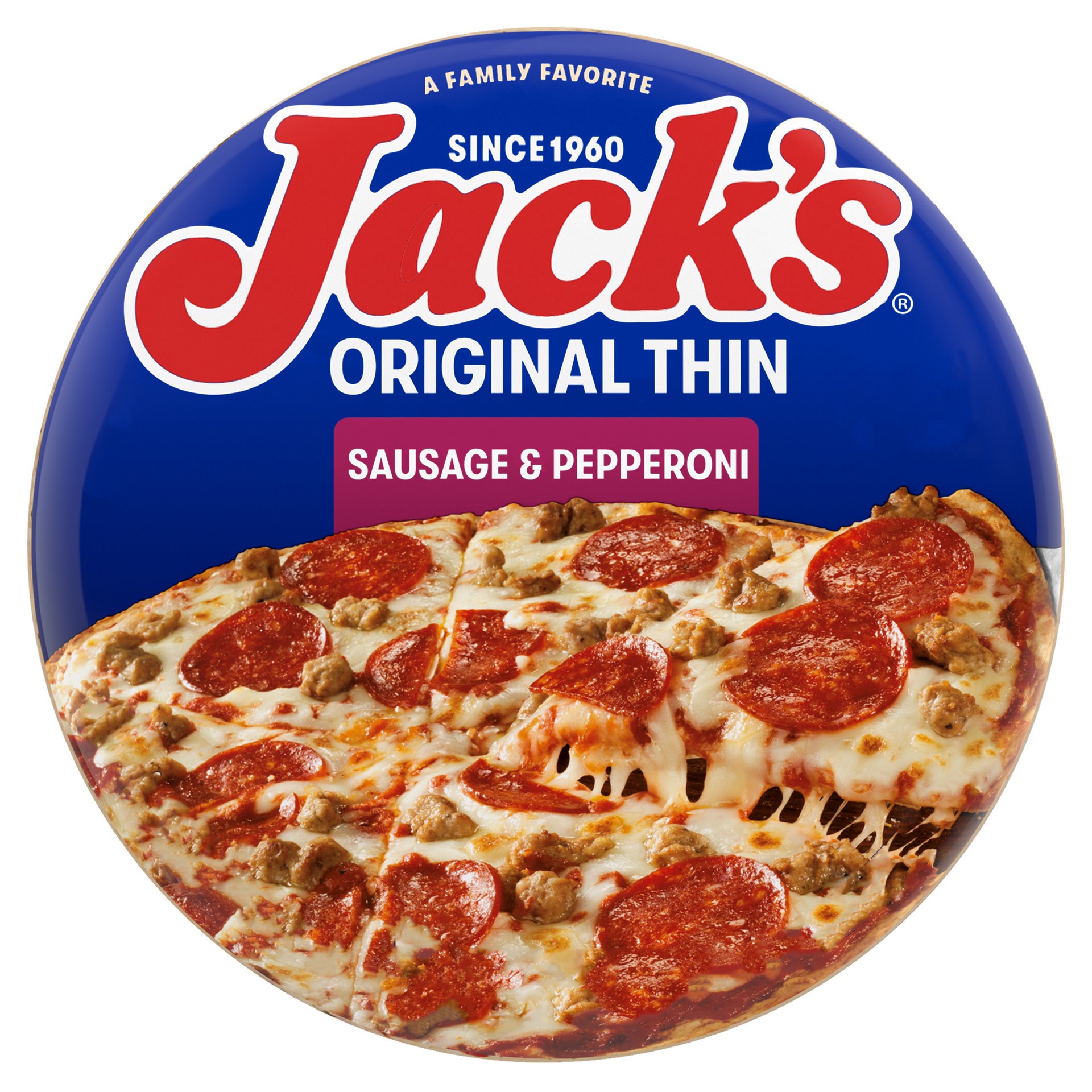 slide 1 of 4, Jack's Original Thin Crust Sausage and Pepperoni Frozen Pizza, 16.1 oz