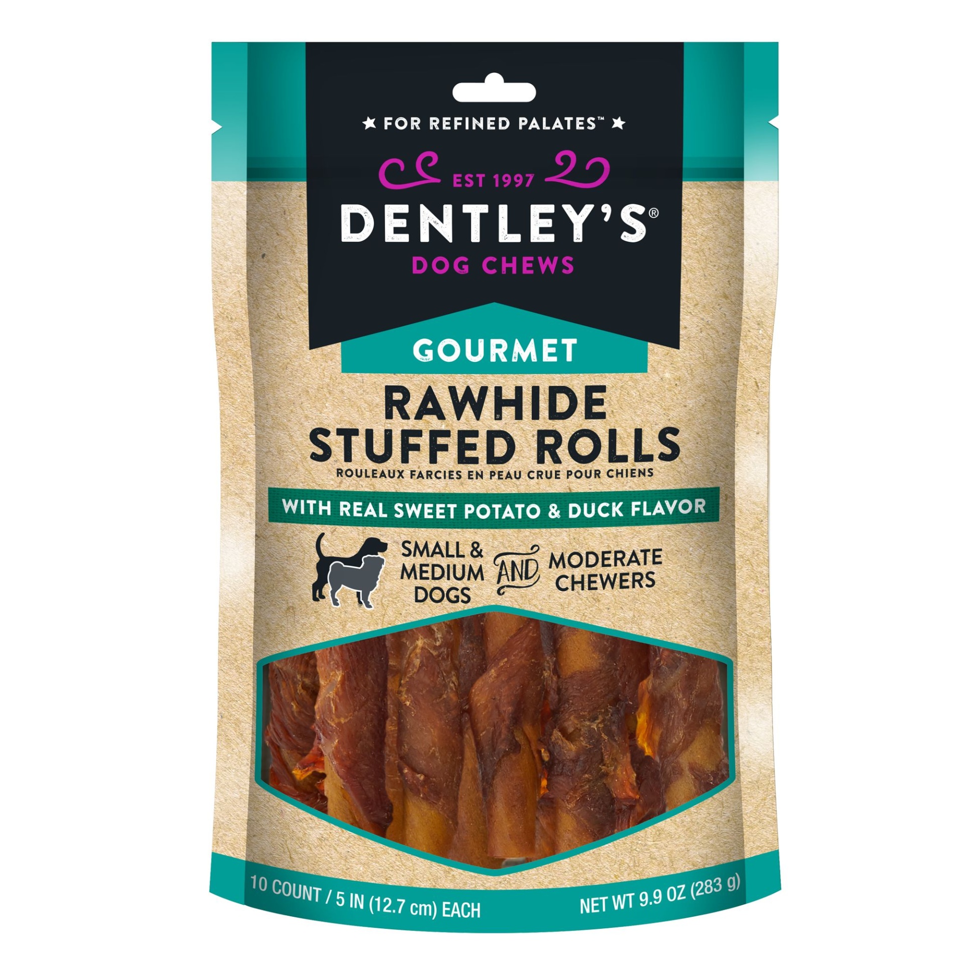 slide 1 of 1, Dentley's Gourmet Rawhide Stuffed Rolls Dog Treats - Sweet Potato & Duck, 10 ct