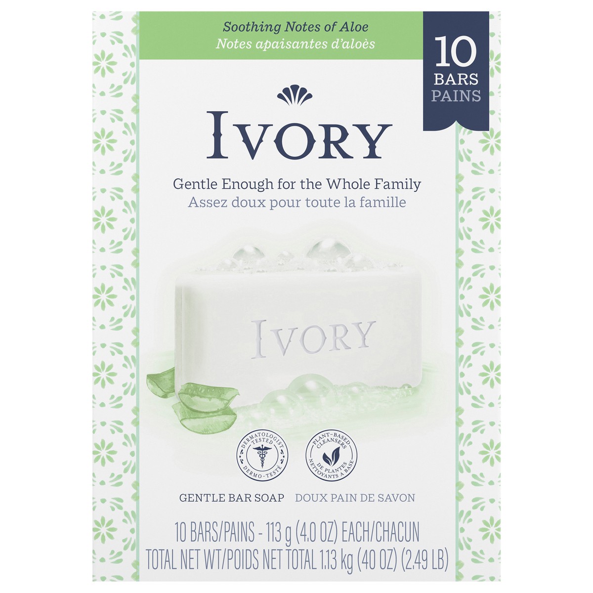 slide 1 of 3, Ivory Gentle Bar Soap Aloe Scent 39.8oz, 10 Count, 10 ct