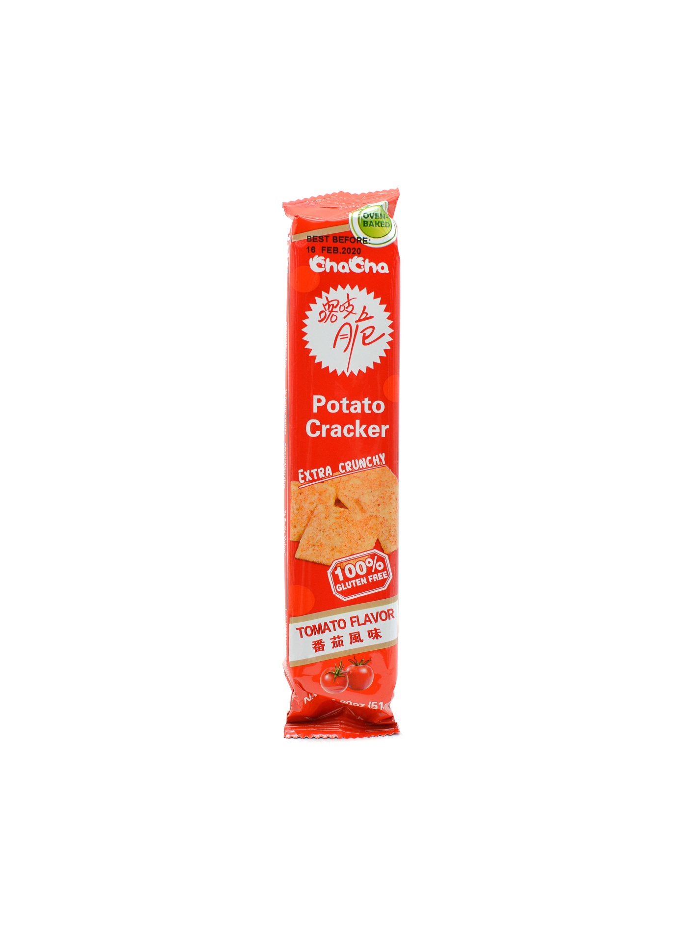 slide 1 of 1, Cha Cha Potato Cracker Tomato Flavor, 51 gram