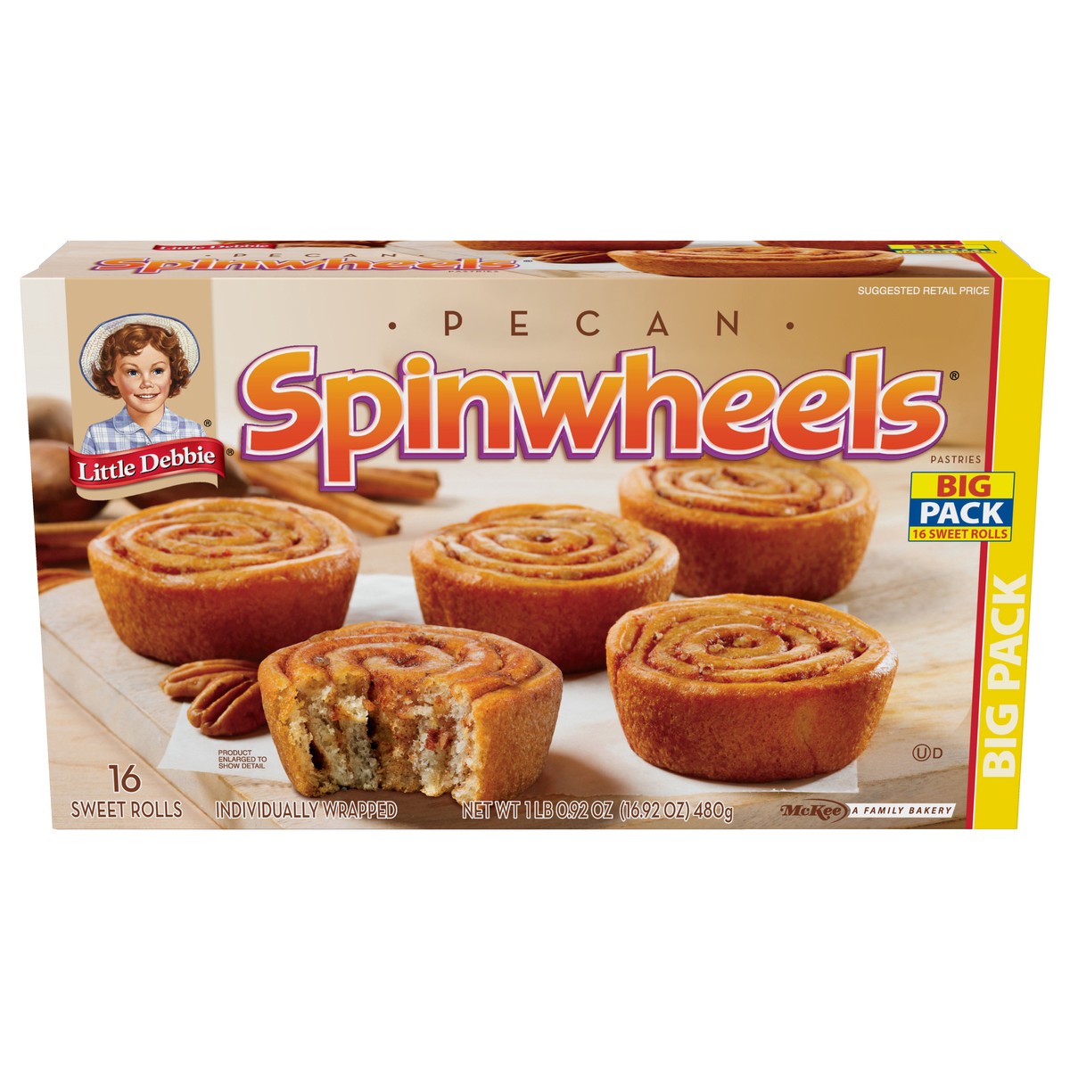 slide 1 of 9, Little Debbie Snack Cakes, Little Debbie Big Pack Pecan SPINWHEELS  sweet rolls, 16 ct