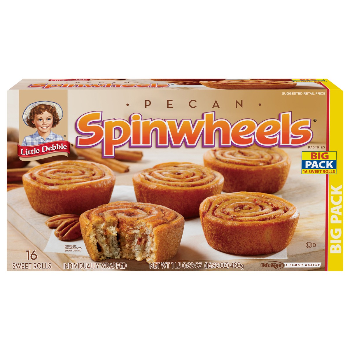 slide 1 of 9, Little Debbie Snack Cakes, Little Debbie Big Pack Pecan SPINWHEELS  sweet rolls, 16 ct