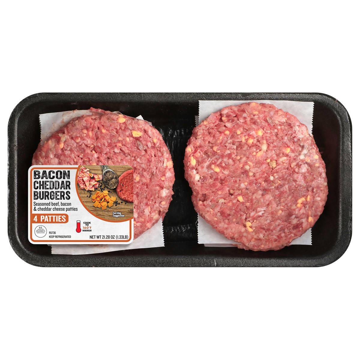 slide 1 of 3, IBP Trusted Excellence Bacon Cheddar Infused Ground Beef Patty, 1.33 lbs., 60.33 g