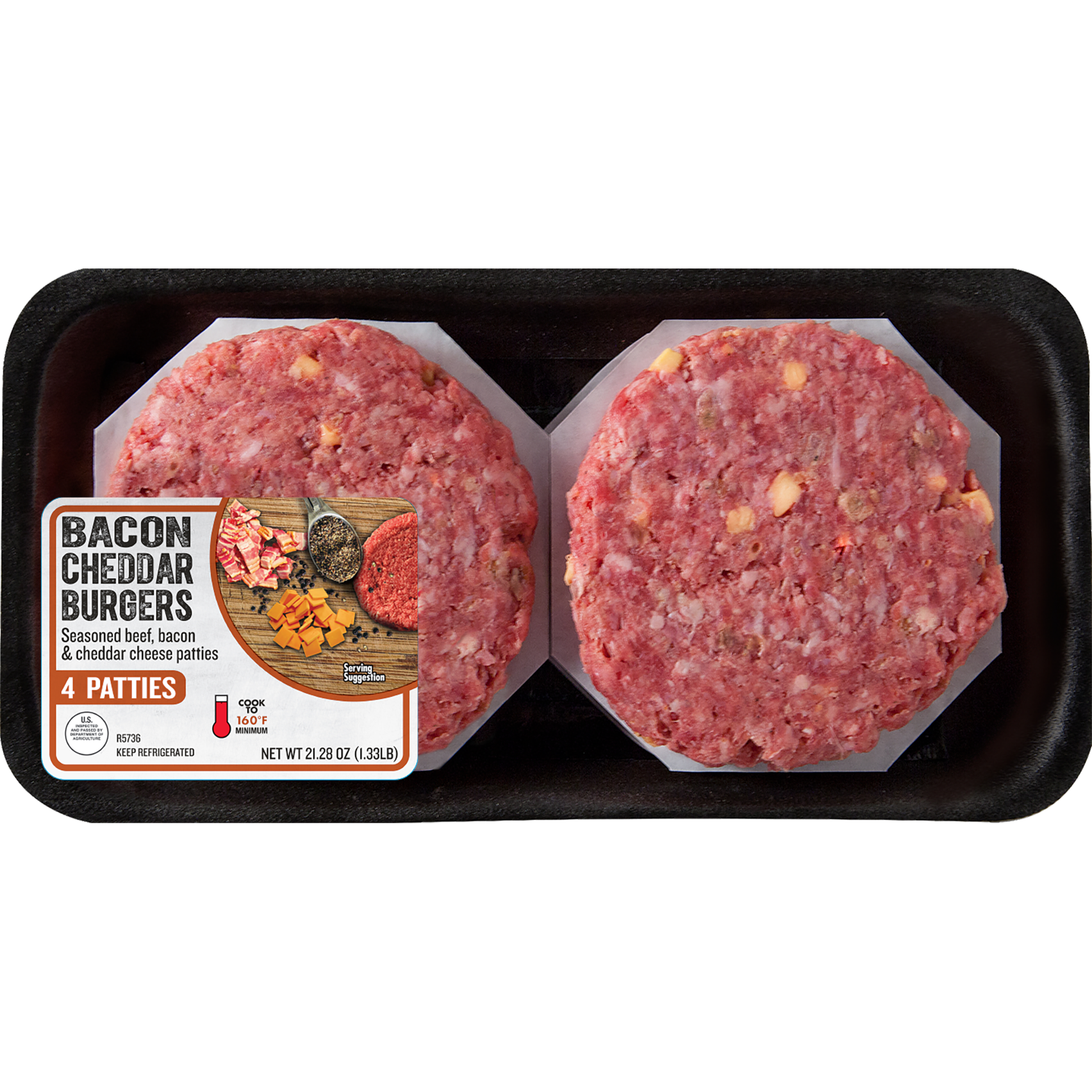 slide 1 of 3, IBP Trusted Excellence Bacon Cheddar Infused Ground Beef Patty, 1.33 lbs., 60.33 g