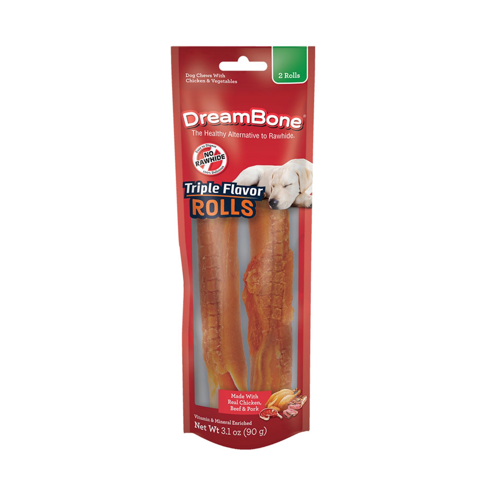 slide 1 of 1, DreamBone Triple Flavor Rolls Rawhide-Free Chews for Dogs, 3.1 oz., Count of 2, 1 ct