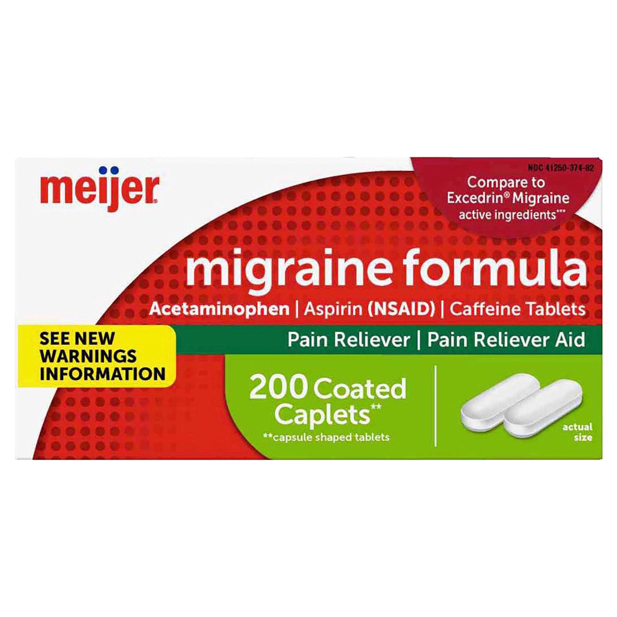 slide 1 of 29, Meijer Migraine Formula, Acetaminophen, Aspirin (NSAID) and Caffeine Tablets, 200 ct