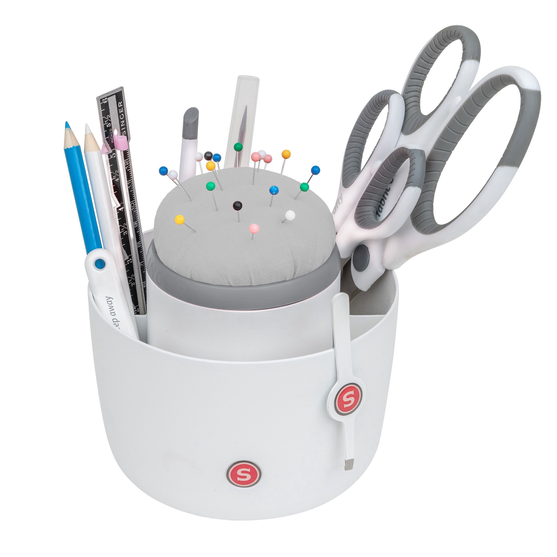slide 10 of 10, SINGER Pin & Tool Sewing and Craft Organizer Caddy with Built-In Pin Cushion, 5.25 in x 5.25 in