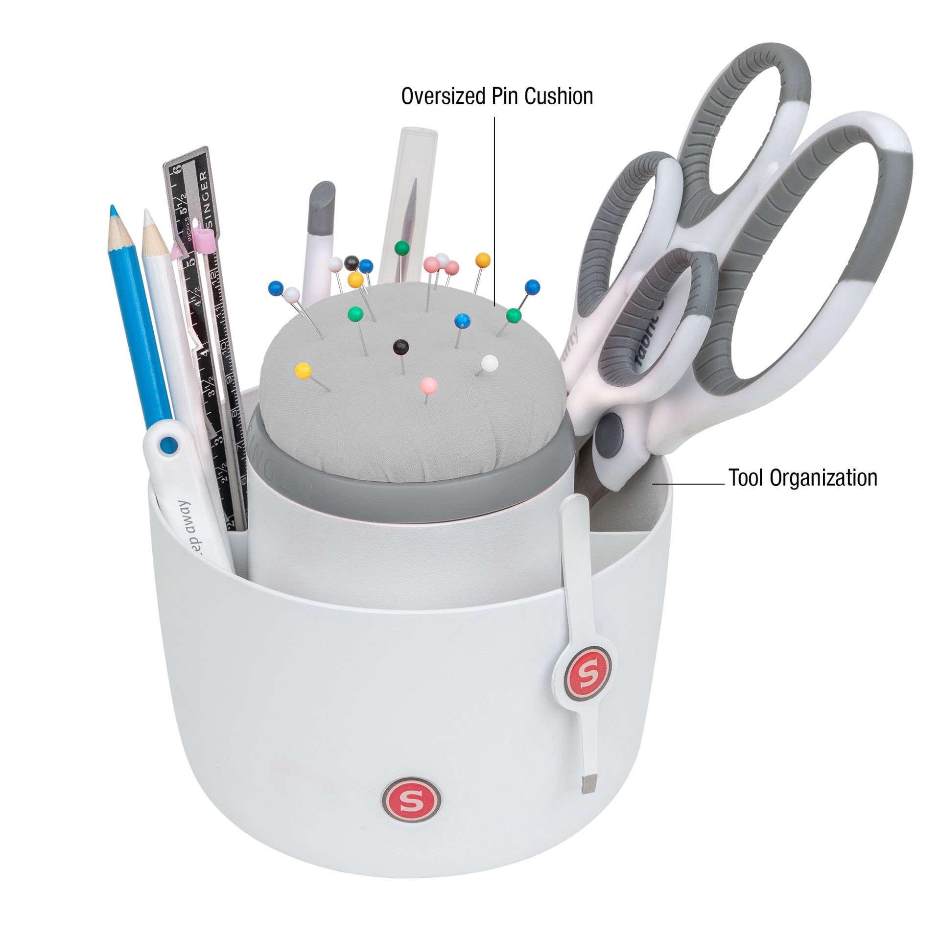 slide 6 of 10, SINGER Pin & Tool Sewing and Craft Organizer Caddy with Built-In Pin Cushion, 5.25 in x 5.25 in