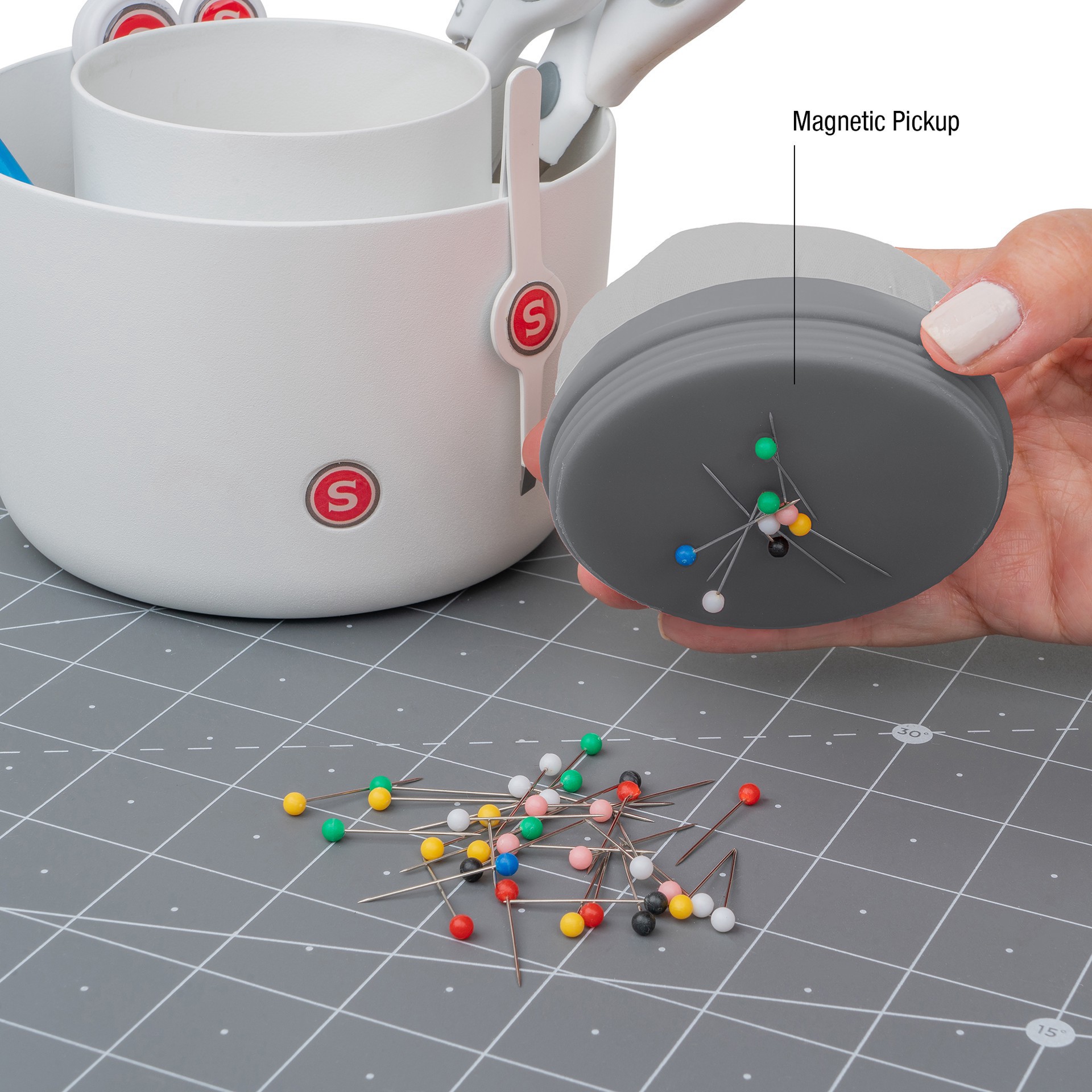 slide 8 of 10, SINGER Pin & Tool Sewing and Craft Organizer Caddy with Built-In Pin Cushion, 5.25 in x 5.25 in