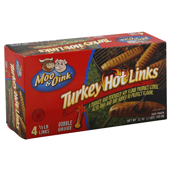 slide 1 of 1, Moo & Oink Turkey Hot Links, 32 oz