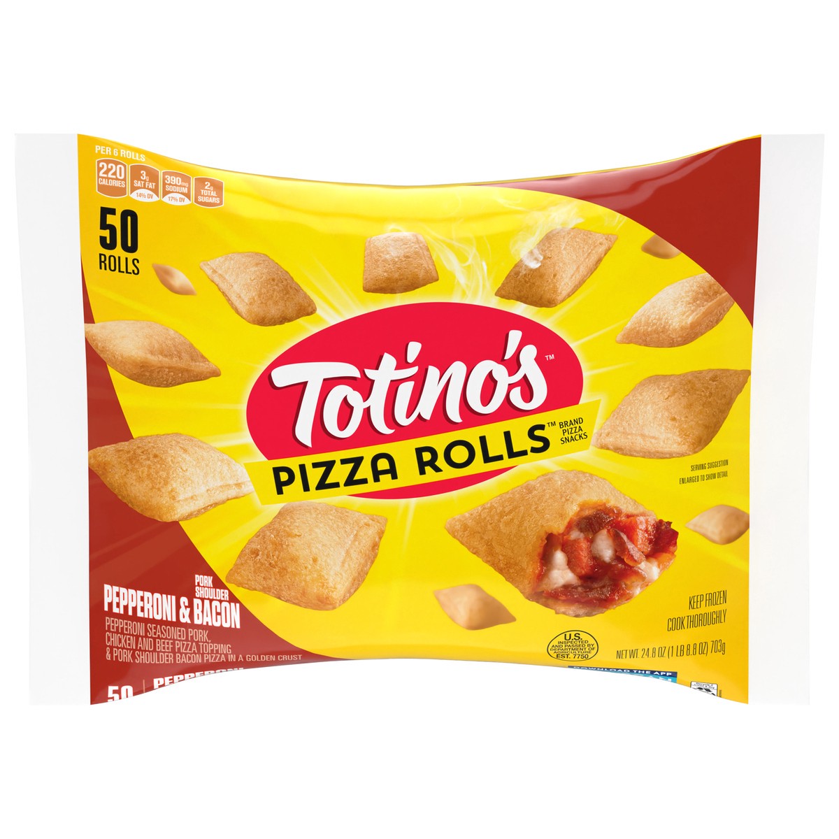 slide 1 of 9, Totino's Pizza Rolls, Pepperoni & Bacon Flavored, Frozen Snacks, 50 ct, 50 ct