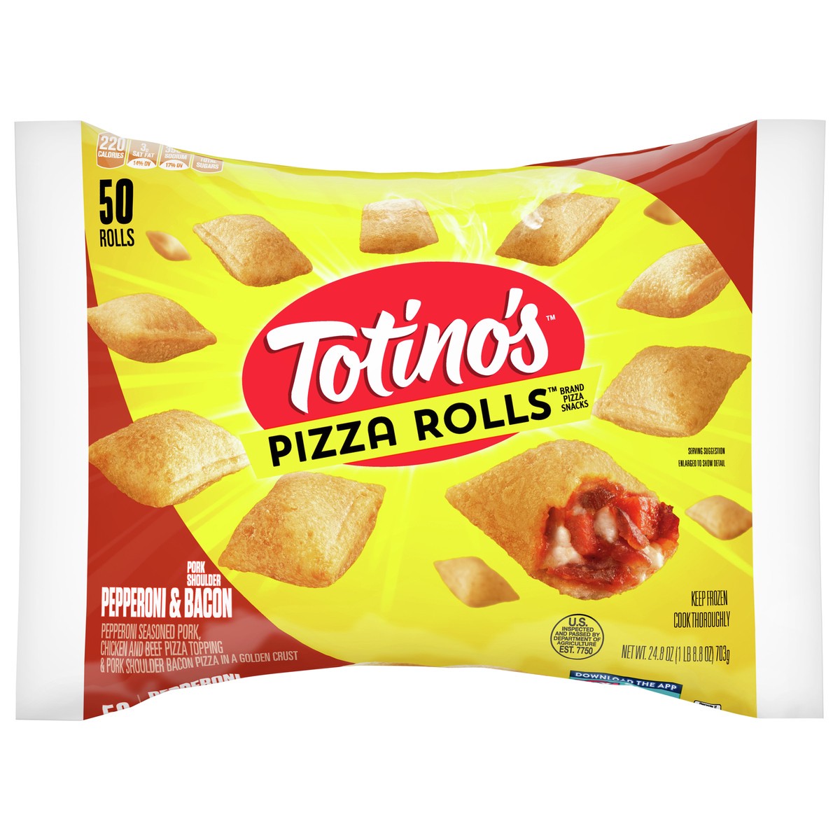 slide 1 of 1, Totino's Pizza Rolls, Pepperoni & Bacon Flavored, Frozen Snacks, 50 ct, 50 ct