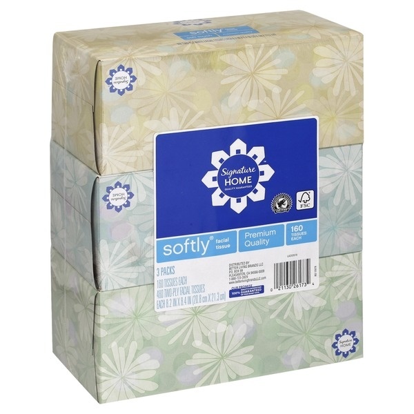 slide 1 of 1, Signature Home Facial Tissues Softly Soft Touch Two-Ply, 3 pk; 160 ct