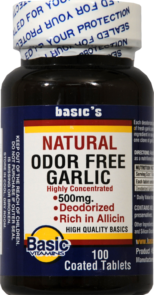 slide 1 of 1, Basic Natural Odor Free Garlic Tablets 500Mg, 100 ct