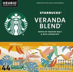 Starbucks K-Cup Pods Veranda Blend Ground Blonde Roast Coffee 44 - 0.42 oz Pods