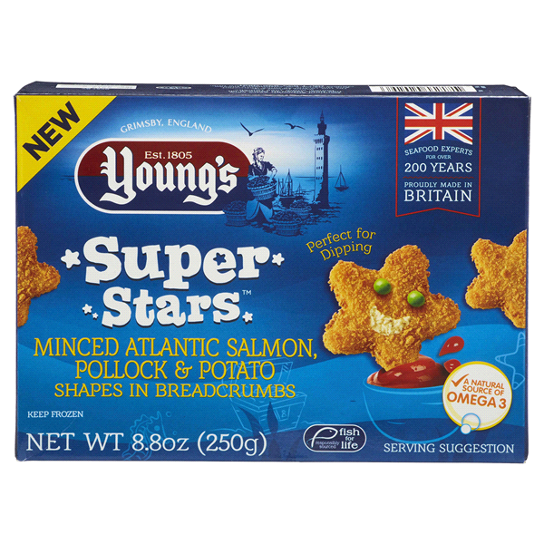 slide 1 of 1, Young's Salmon, pollock, & potato Super Stars, 8.8 oz