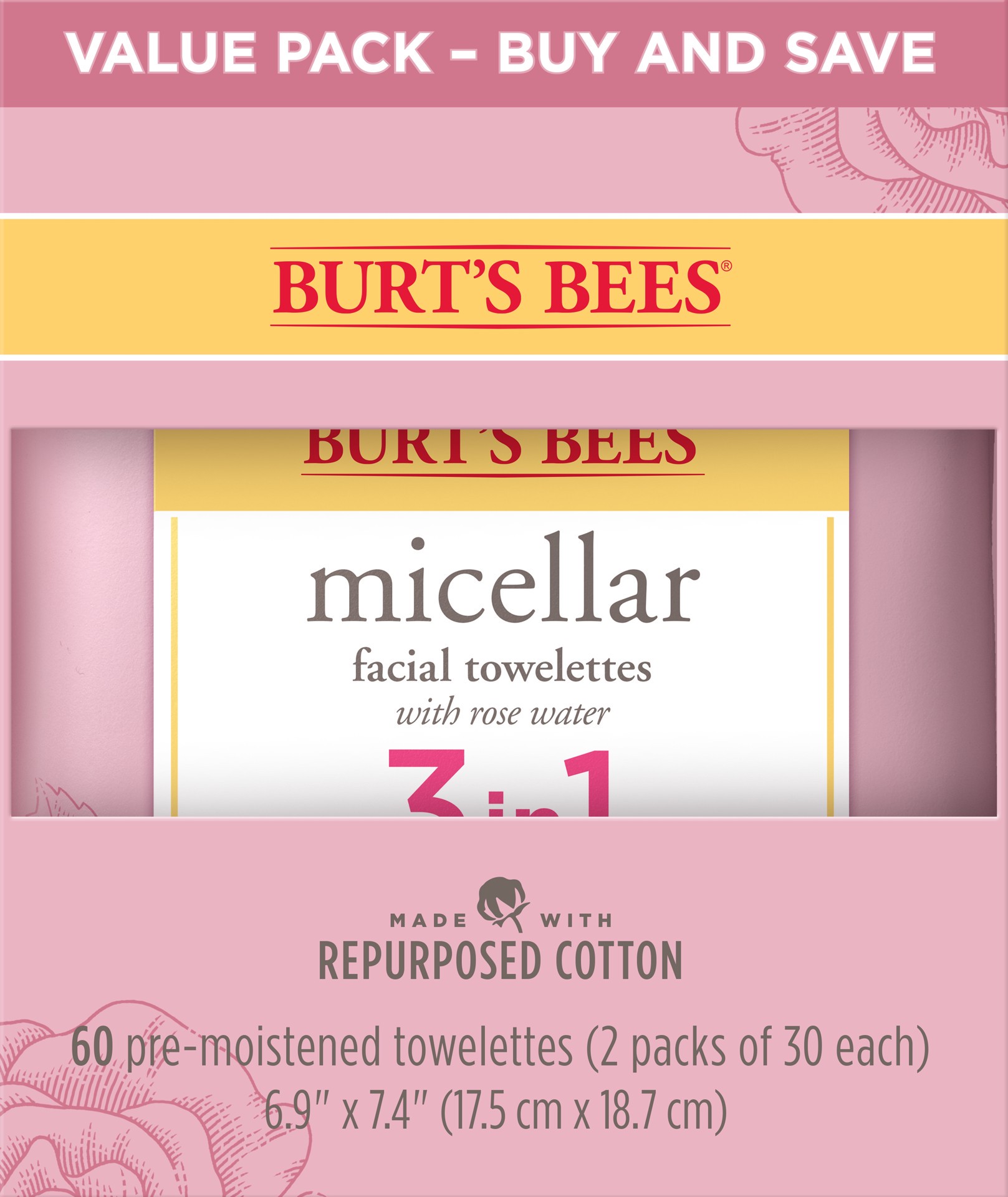 slide 1 of 5, Burt's Bees Burt’s Bees Micellar 3-In-1 Facial Towelettes, Rose Water, 60 ct