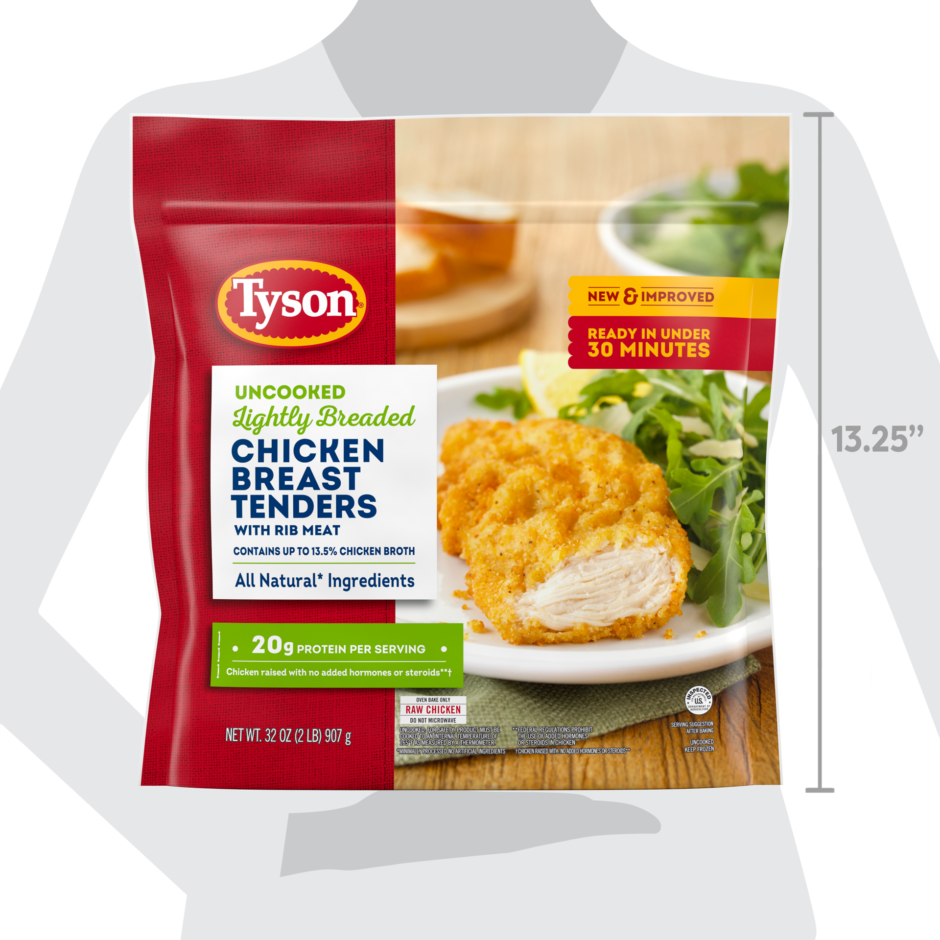 slide 8 of 8, Tyson Uncooked Lightly Breaded Chicken Breast Tenders, 2.25 lb (Frozen), 907.18 g