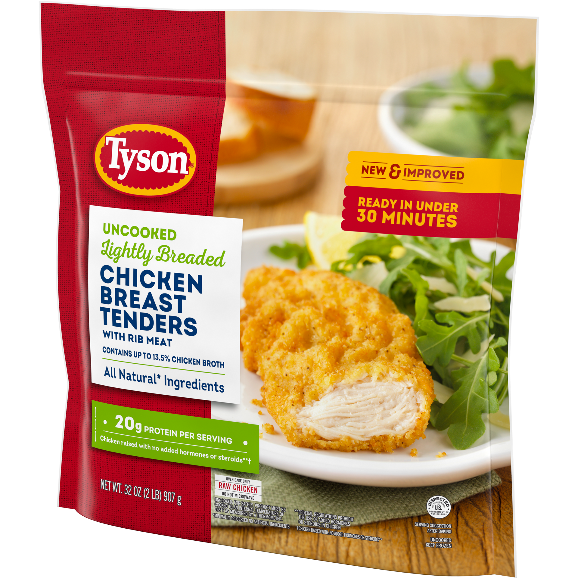 slide 5 of 8, Tyson Uncooked Lightly Breaded Chicken Breast Tenders, 2.25 lb (Frozen), 907.18 g