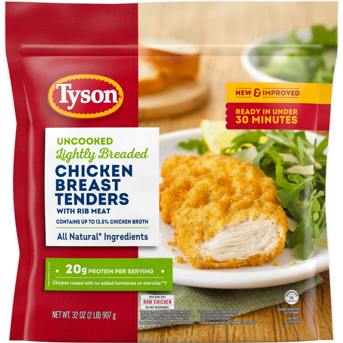 slide 1 of 8, Tyson Uncooked Lightly Breaded Chicken Breast Tenders, 2.25 lb (Frozen), 907.18 g