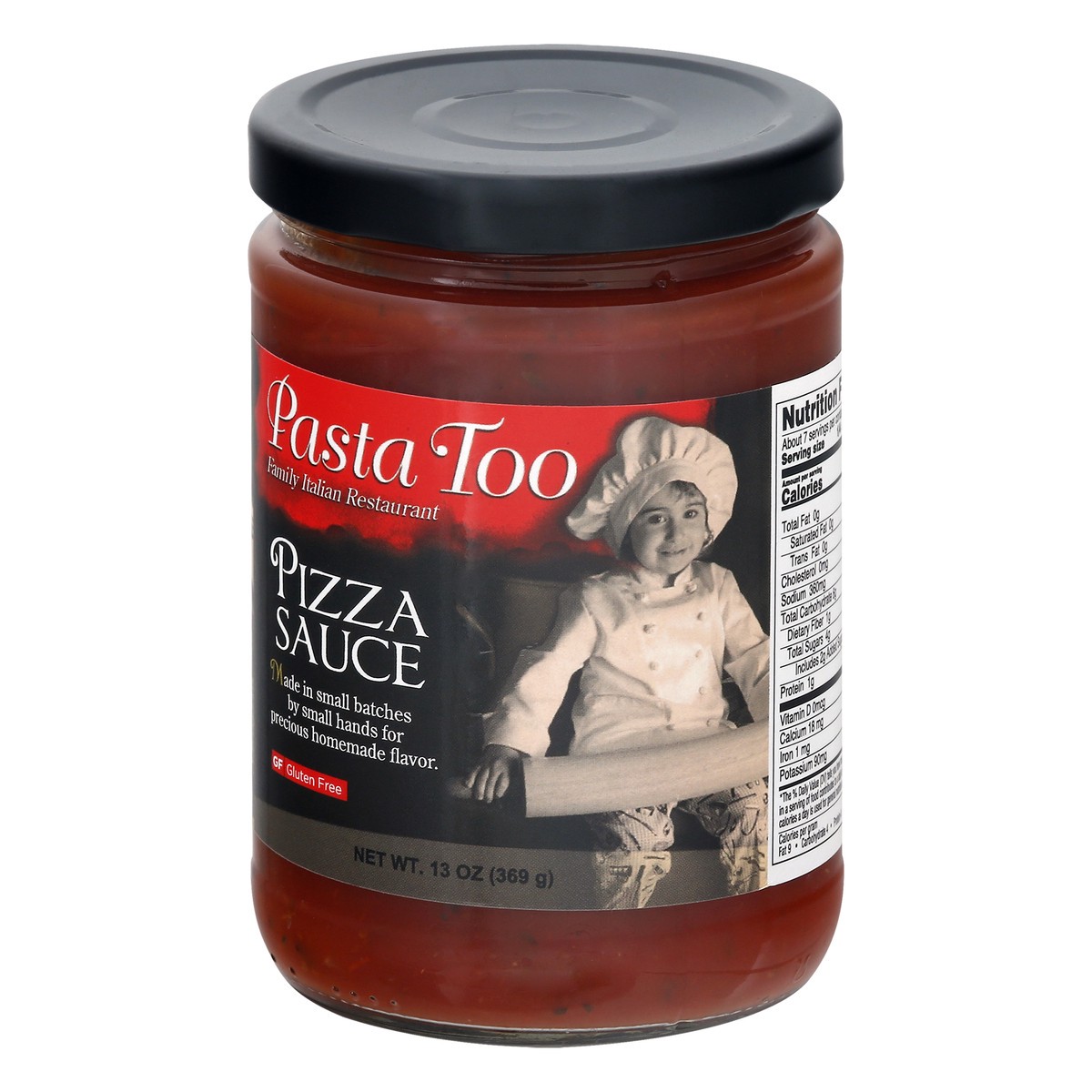 slide 10 of 13, Pasta Too Gluten Free Pizza Sauce 13 oz, 1 ct