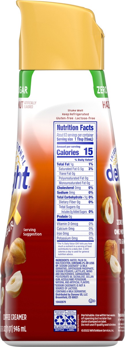 slide 2 of 9, International Delight Coffee Creamer, Zero Sugar Hazelnut, Refrigerated Flavored Creamer, 32 FL OZ Bottle, 32 fl oz